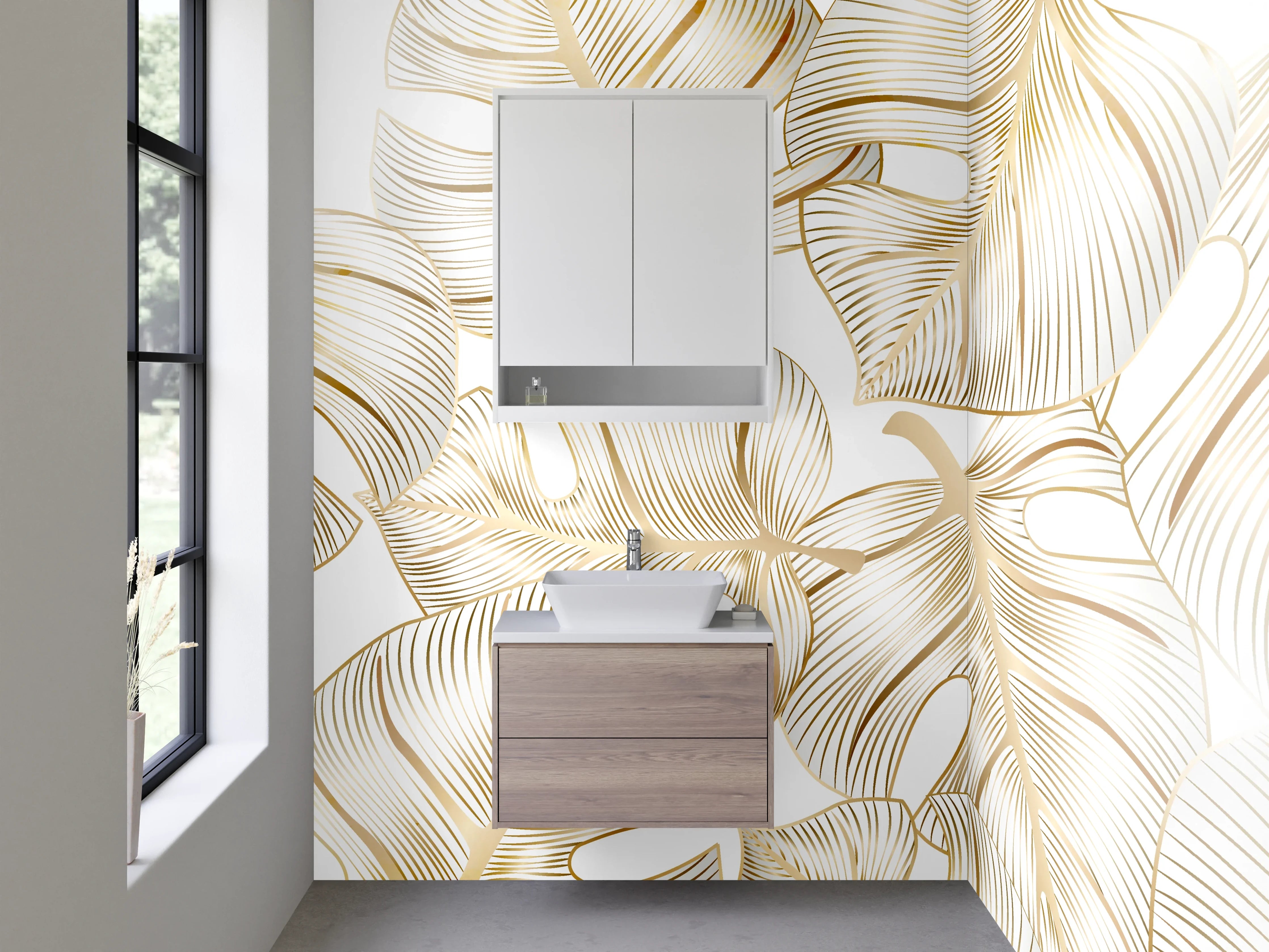 Waschbecken-Rückwand - Goldene Monstera Blätter Muster