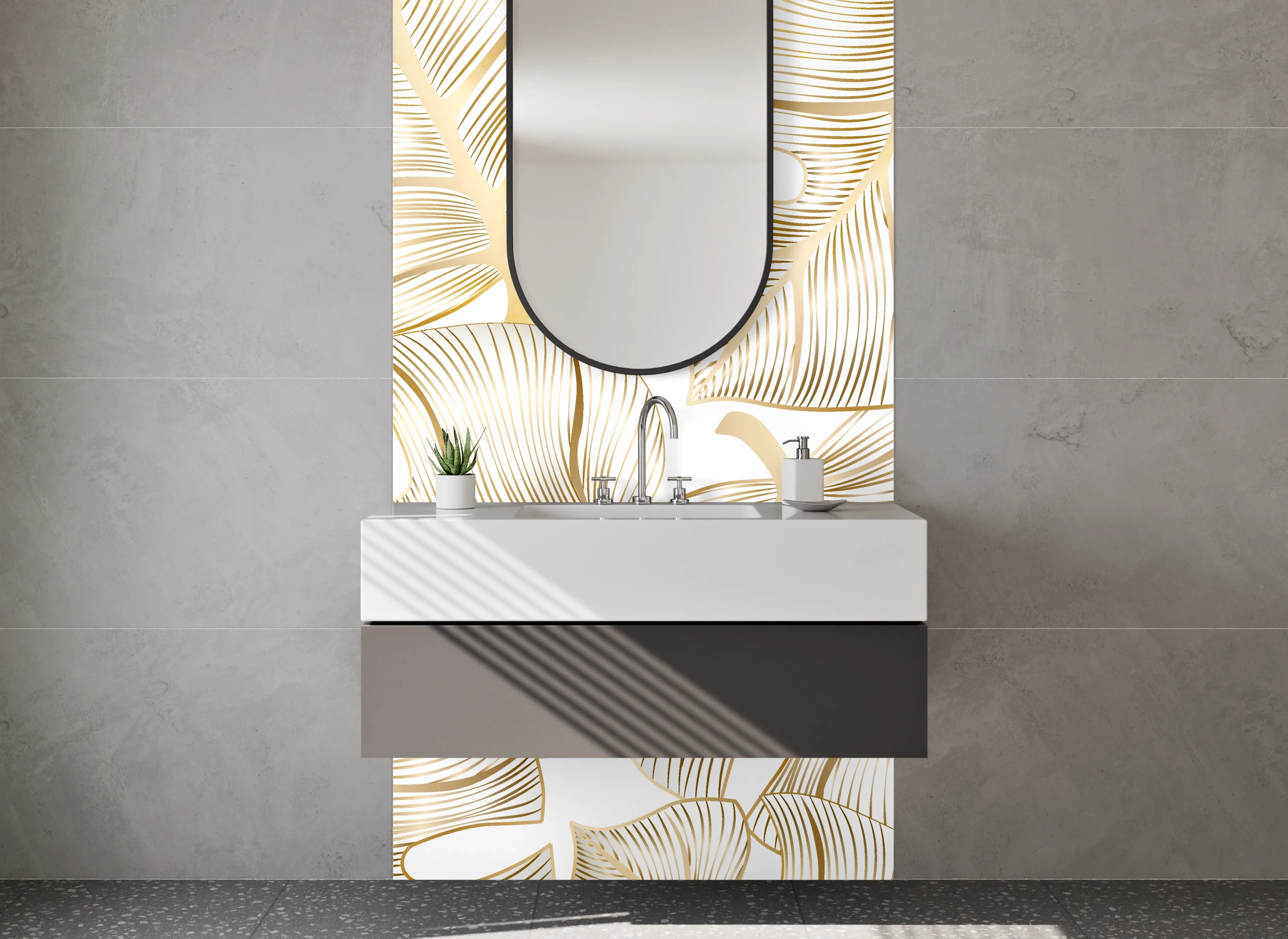 Waschbecken-Rückwand - Goldene Monstera Blätter Muster