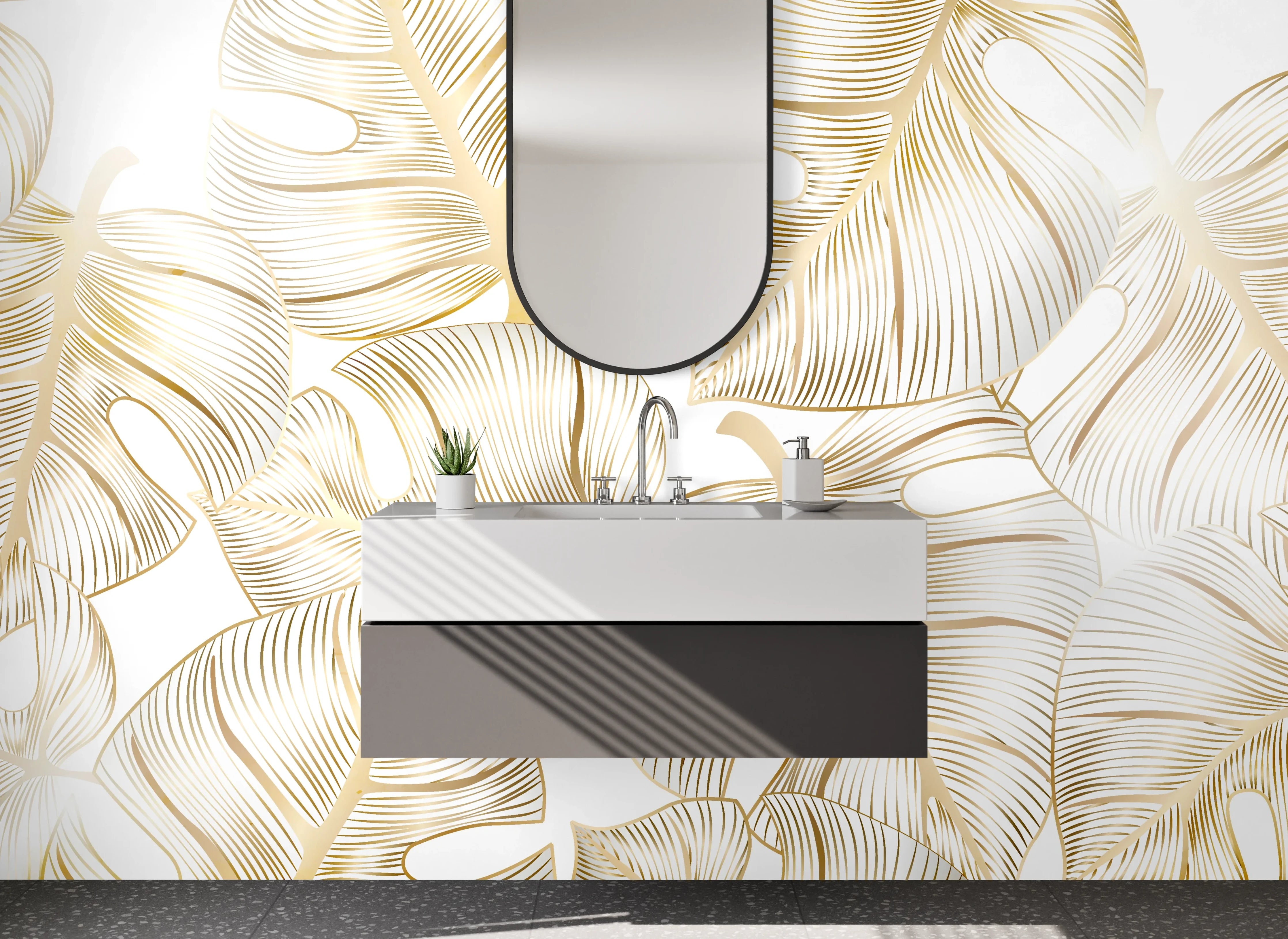 Waschbecken-Rückwand - Goldene Monstera Blätter Muster