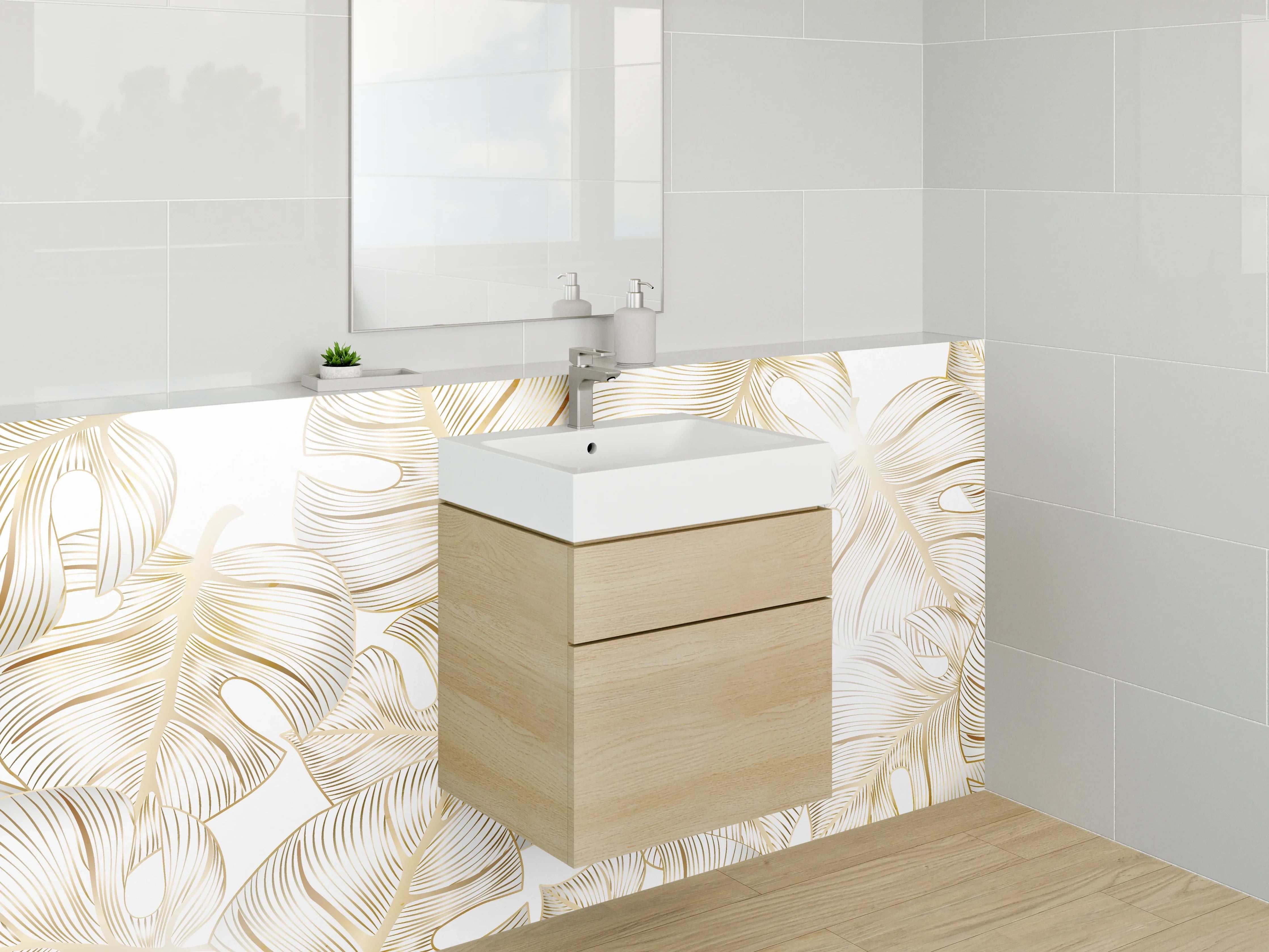 Waschbecken-Rückwand - Goldene Monstera Blätter Muster