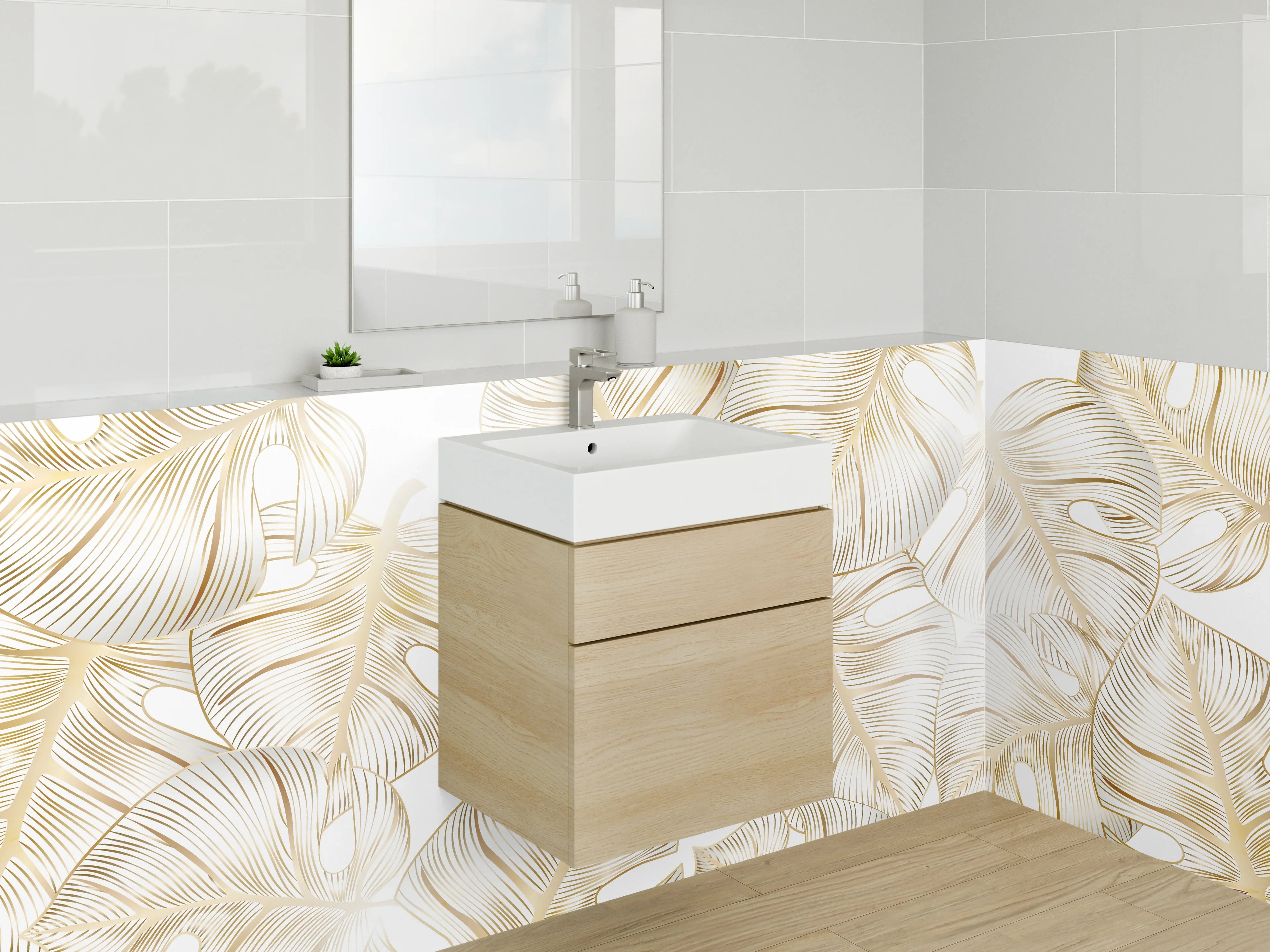 Waschbecken-Rückwand - Goldene Monstera Blätter Muster