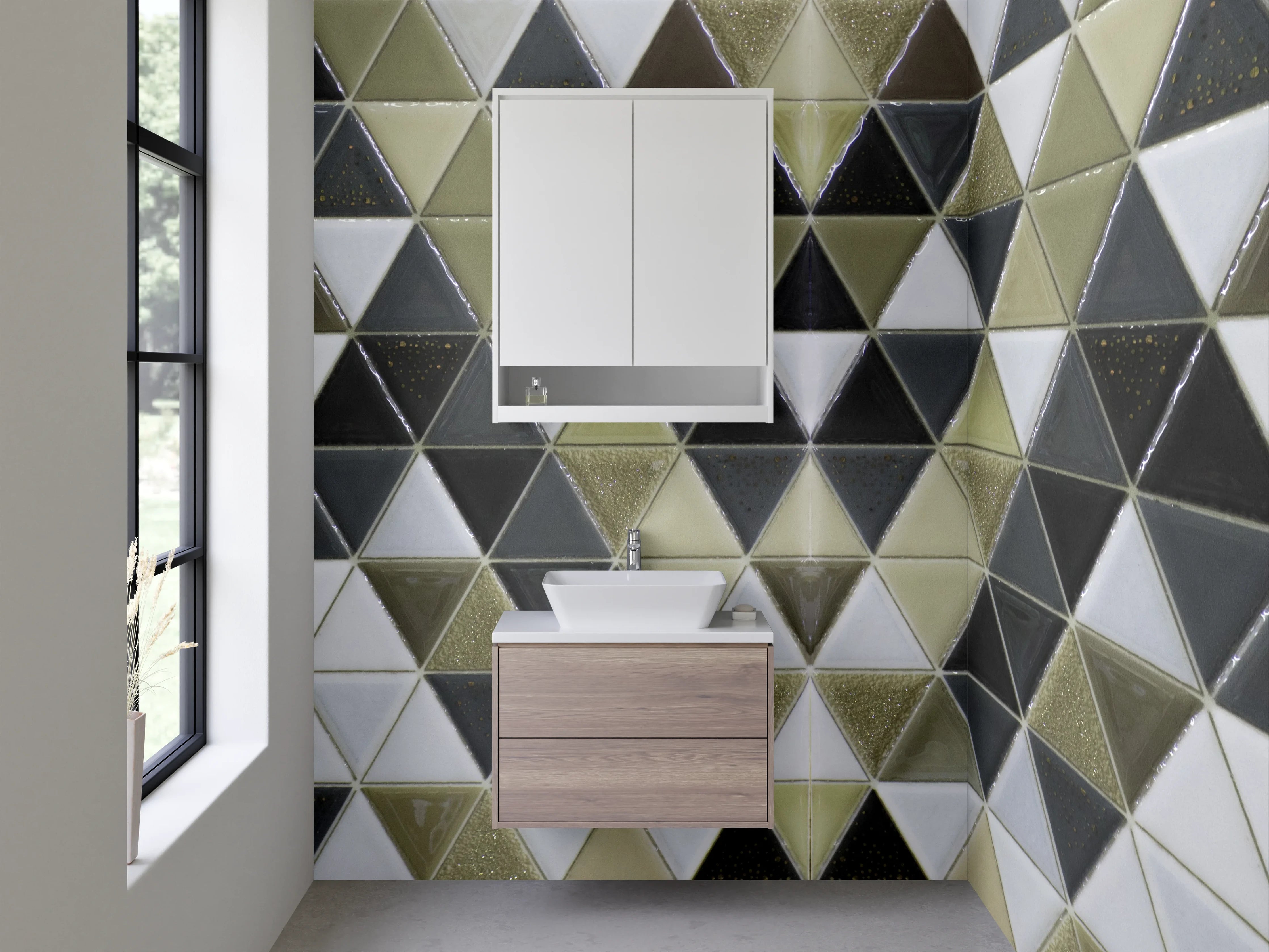 Waschbecken-Rückwand - Goldene Mosaikfliesen im Art déco Stil