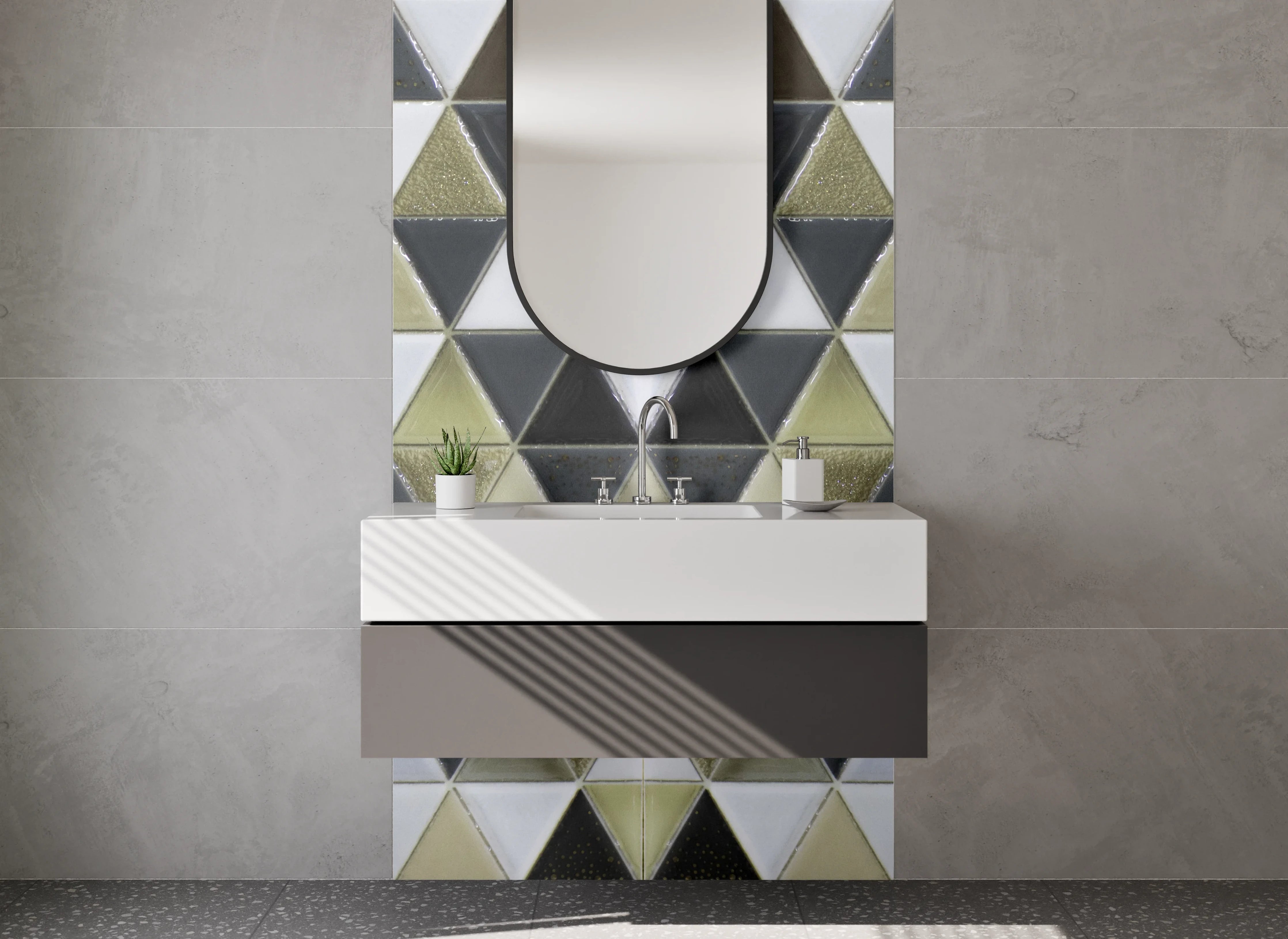 Waschbecken-Rückwand - Goldene Mosaikfliesen im Art déco Stil