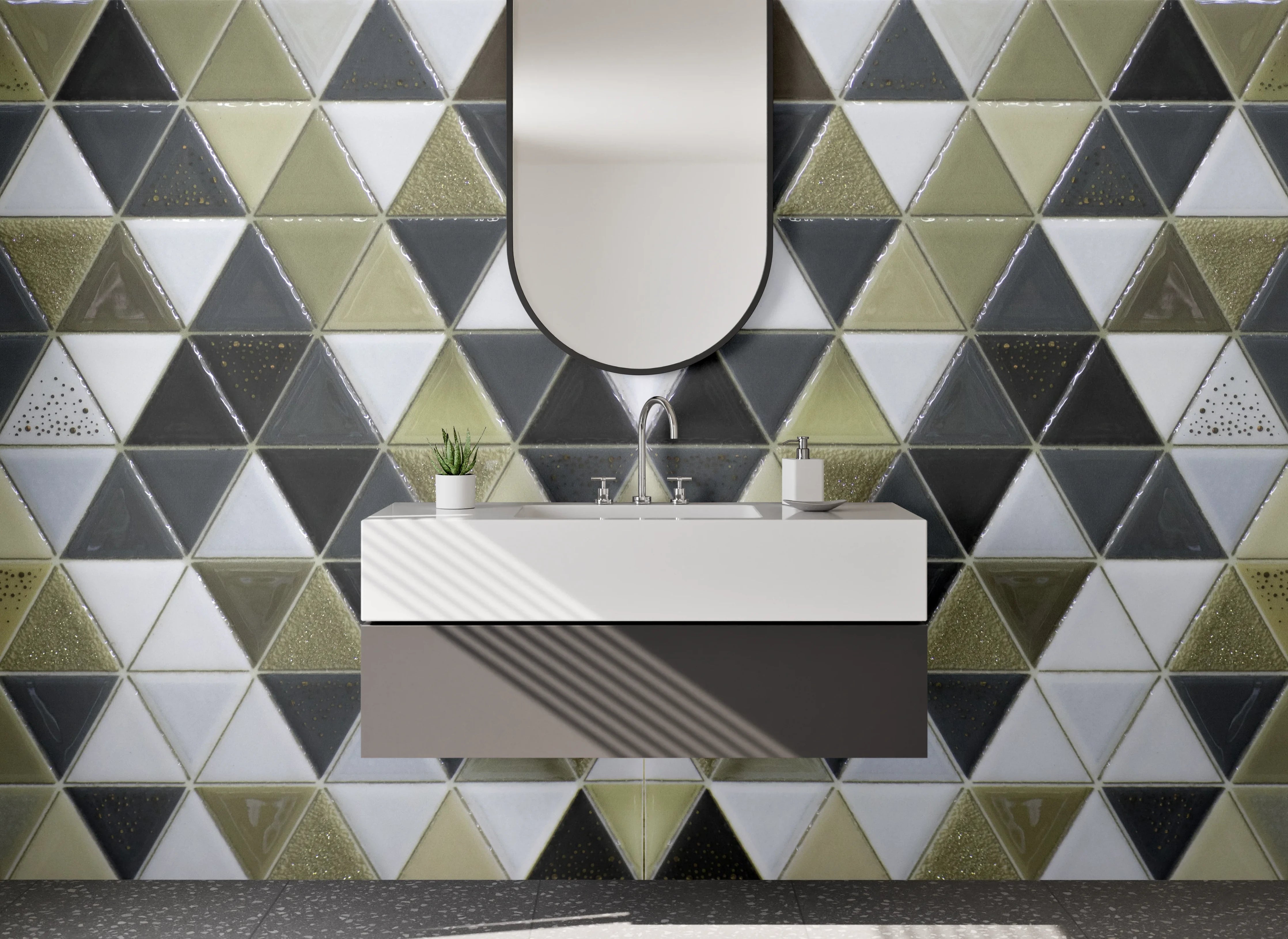 Waschbecken-Rückwand - Goldene Mosaikfliesen im Art déco Stil