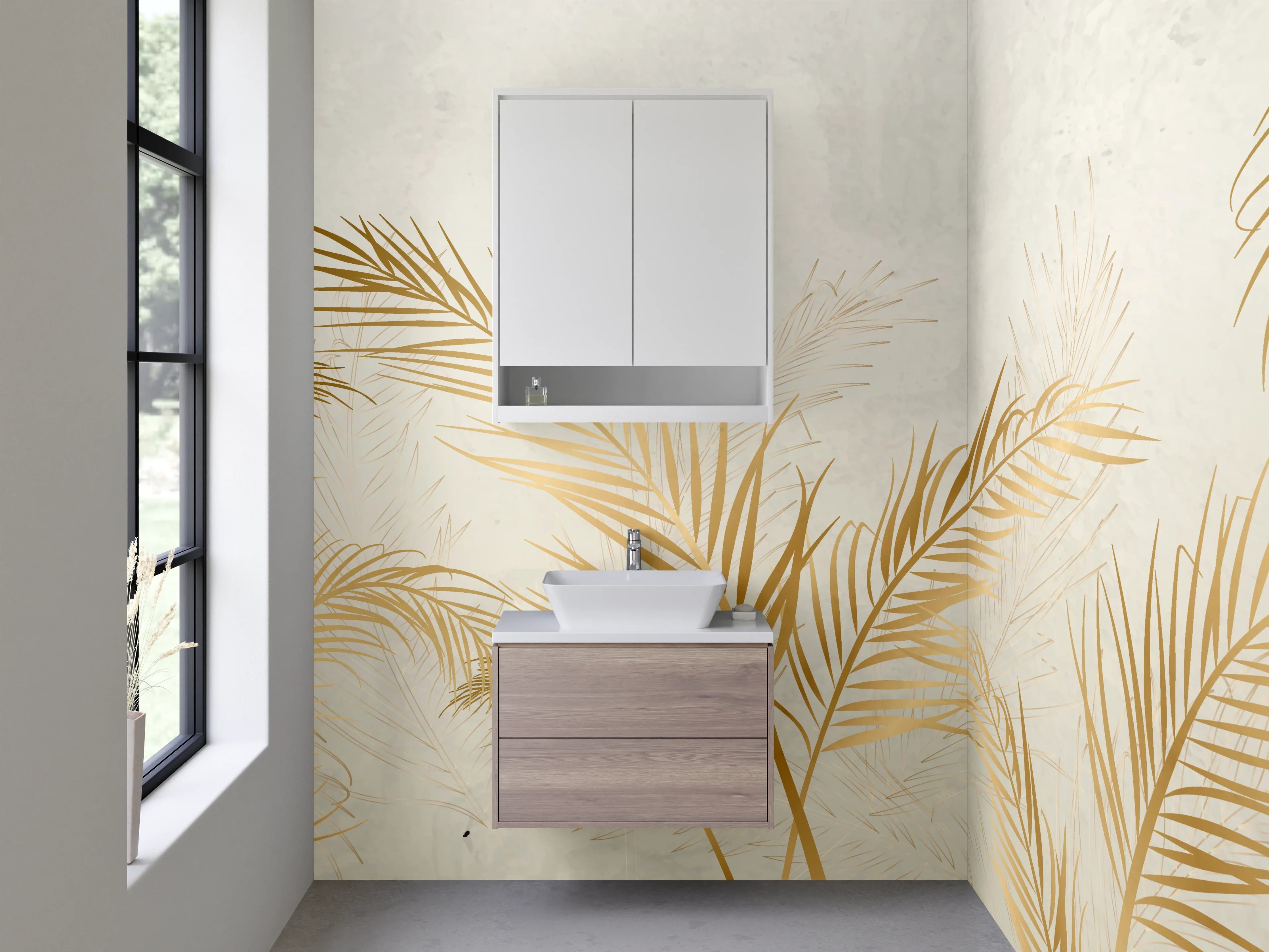 Waschbecken-Rückwand - Goldene Palmblätter auf hellem Hintergrund