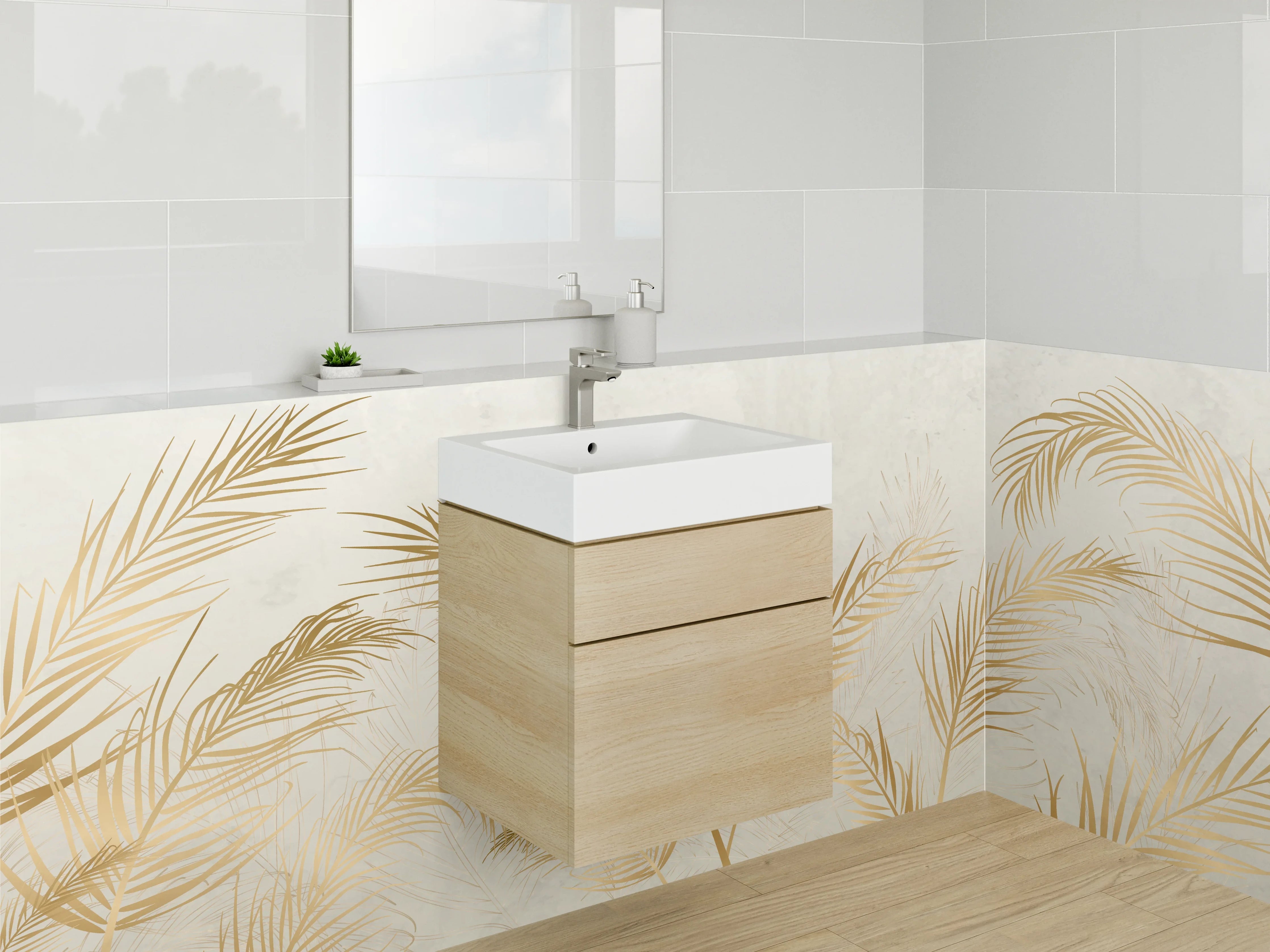 Waschbecken-Rückwand - Goldene Palmblätter auf hellem Hintergrund