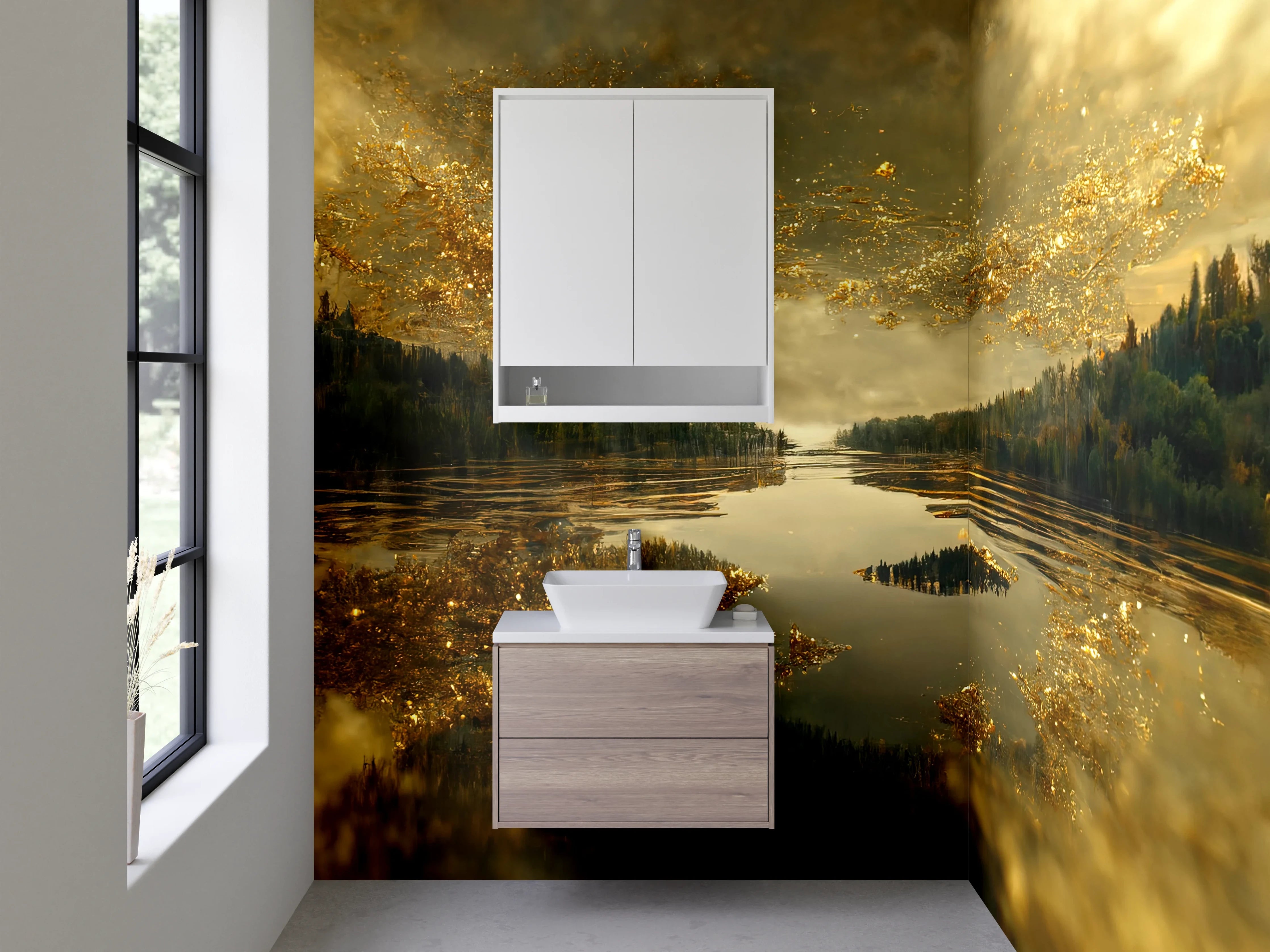 Waschbecken-Rückwand - Goldene Spiegelung Natur See Landschaft