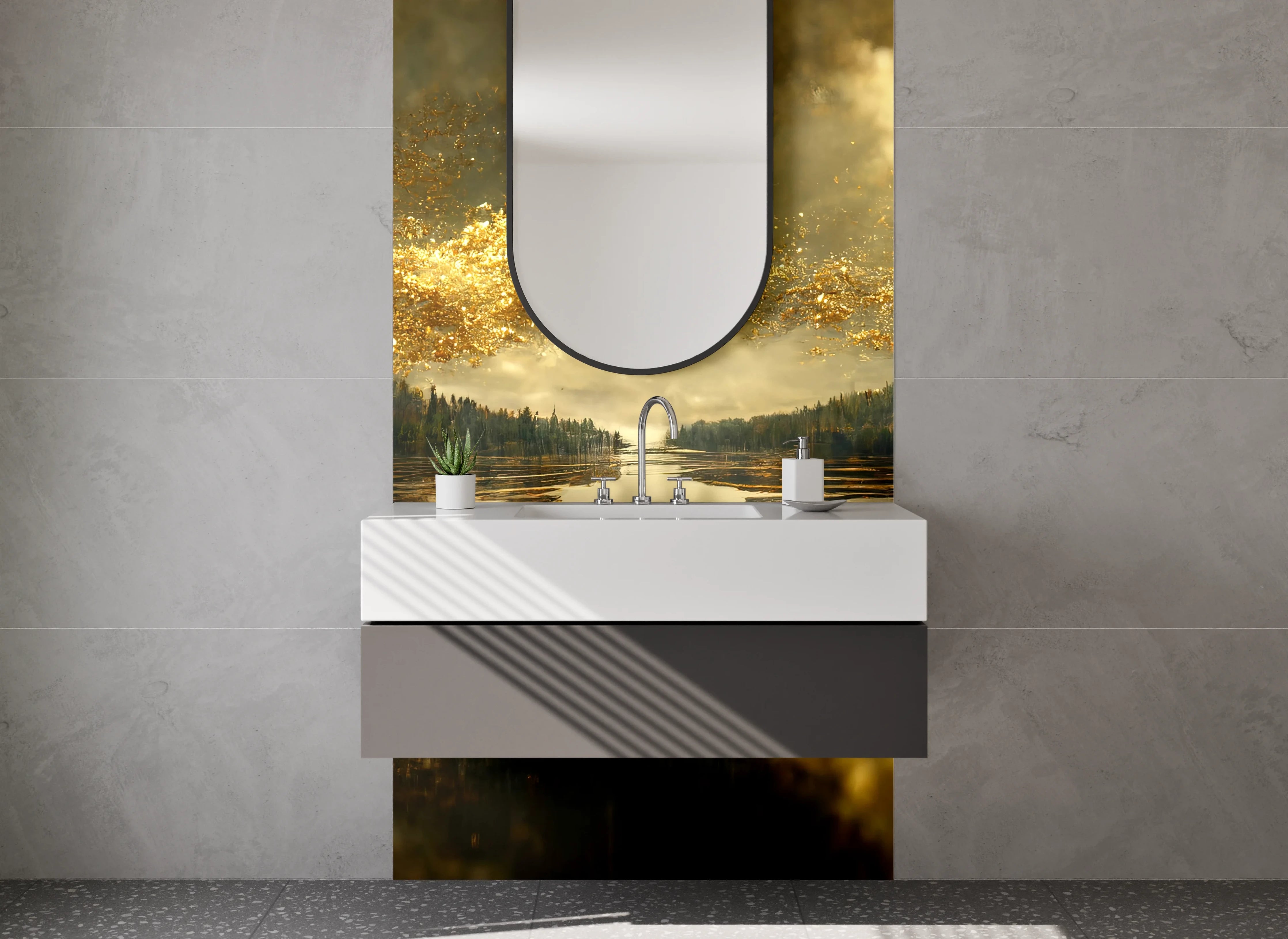 Waschbecken-Rückwand - Goldene Spiegelung Natur See Landschaft