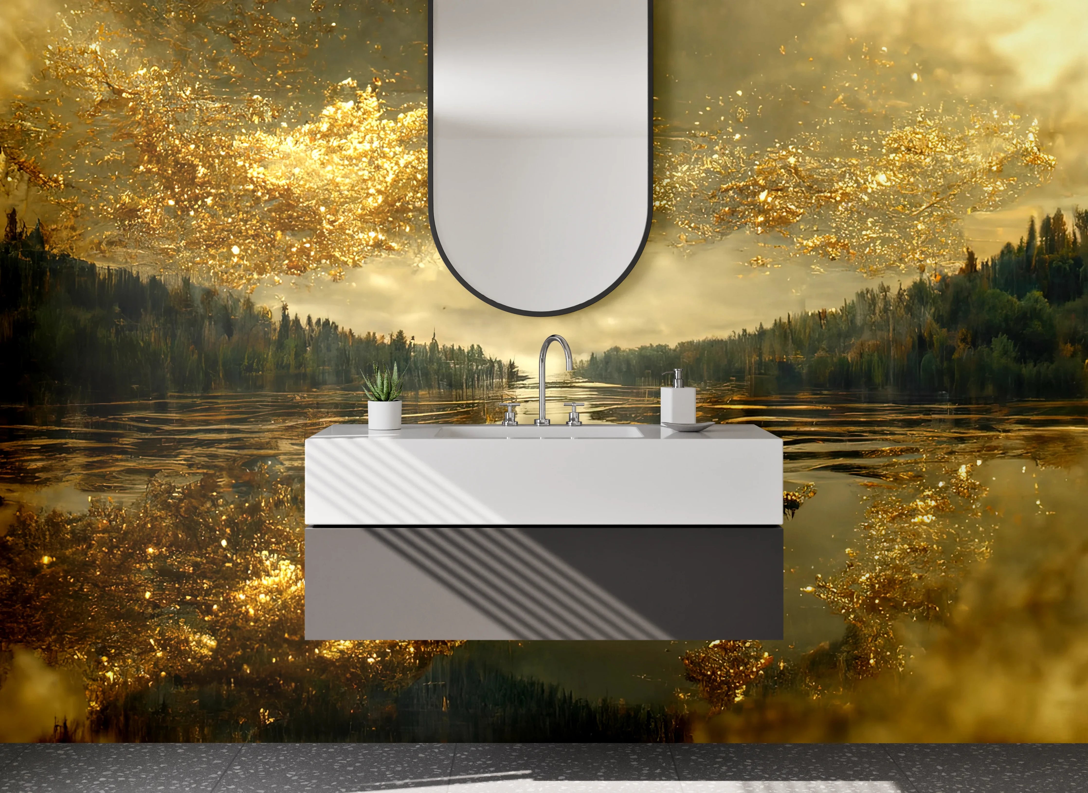 Waschbecken-Rückwand - Goldene Spiegelung Natur See Landschaft