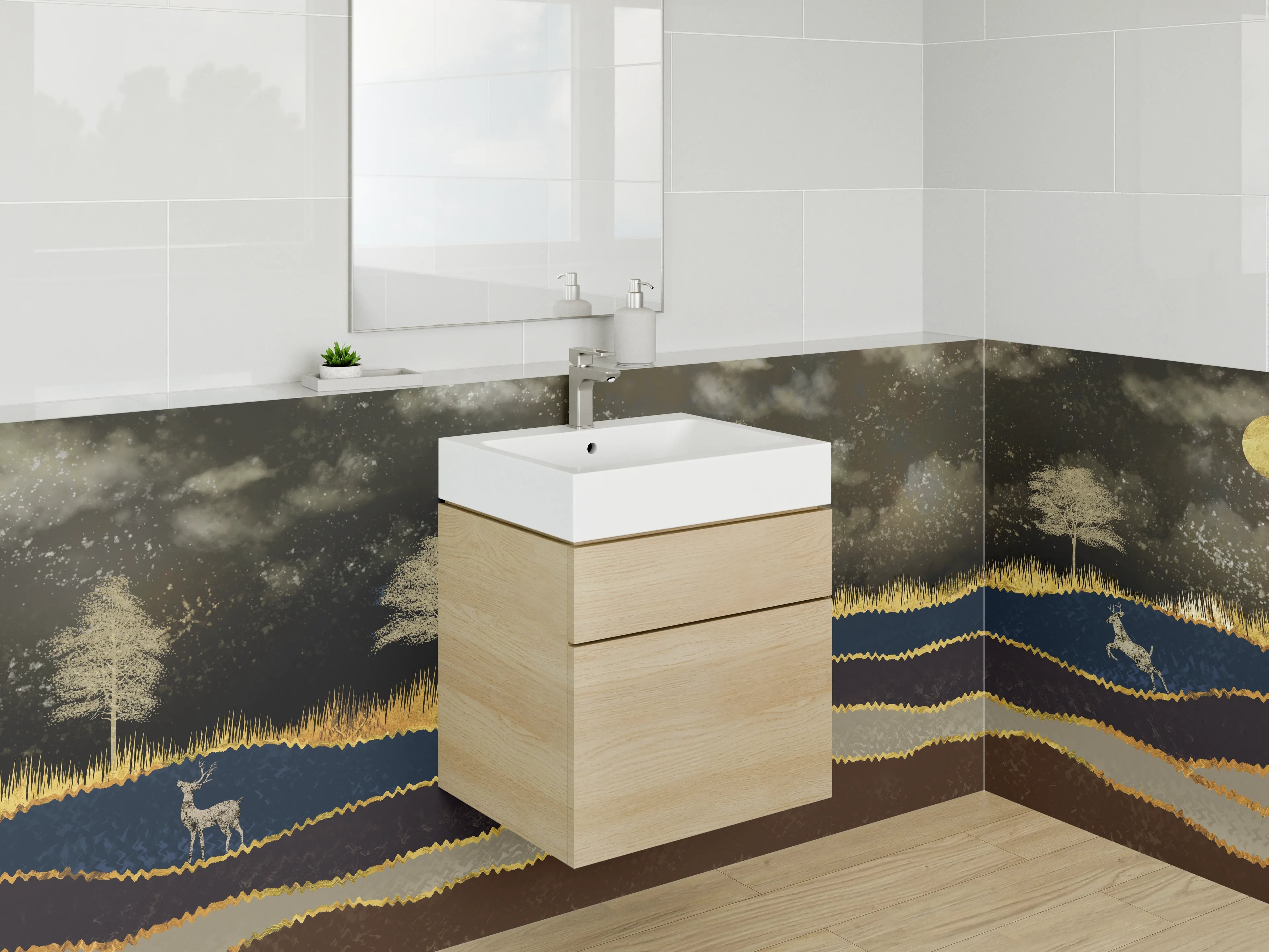 Waschbecken-Rückwand - Goldene Waldlandschaft mit Hirschen