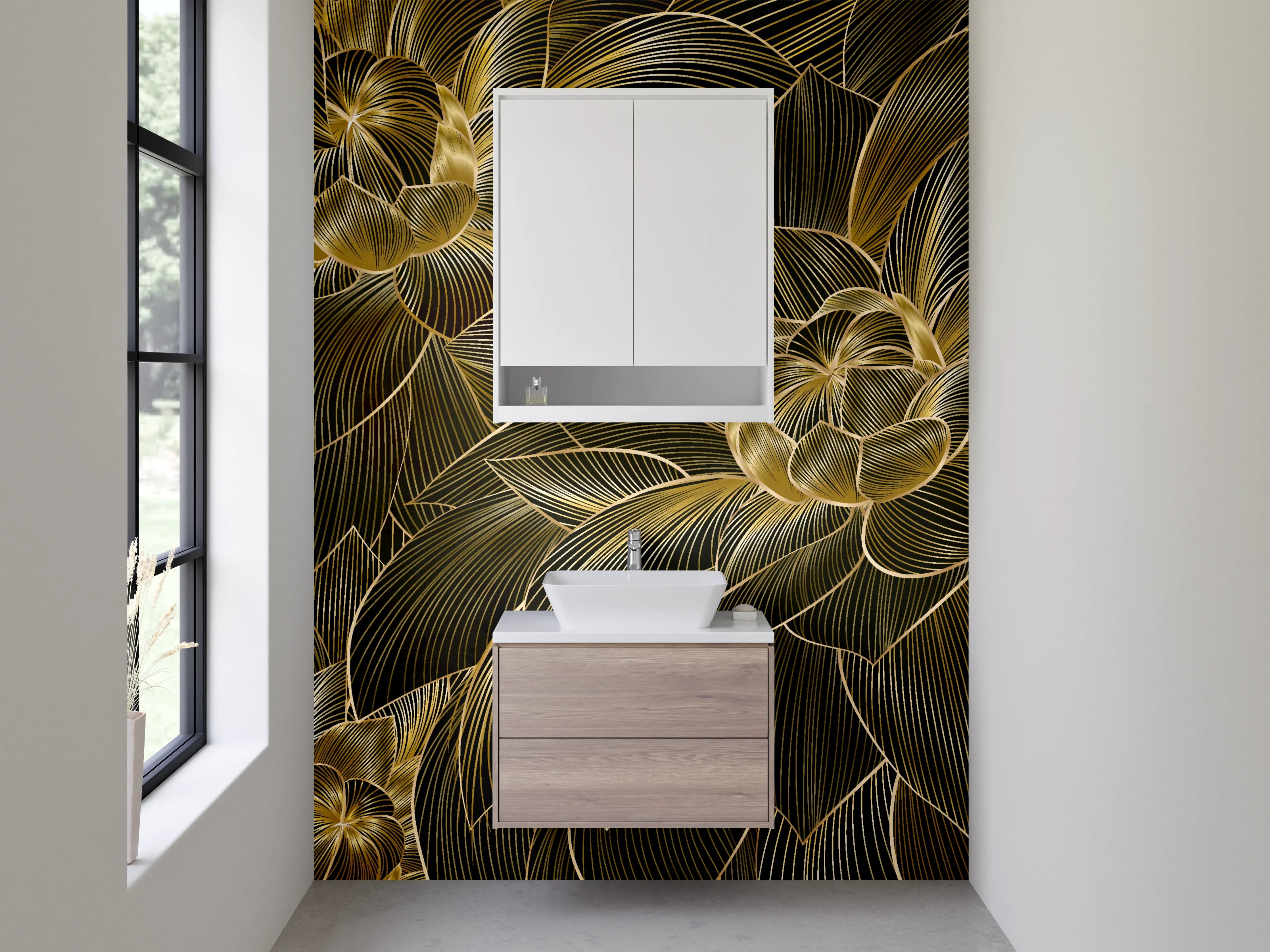 Waschbecken-Rückwand - Goldene florale Lineart-Blüten