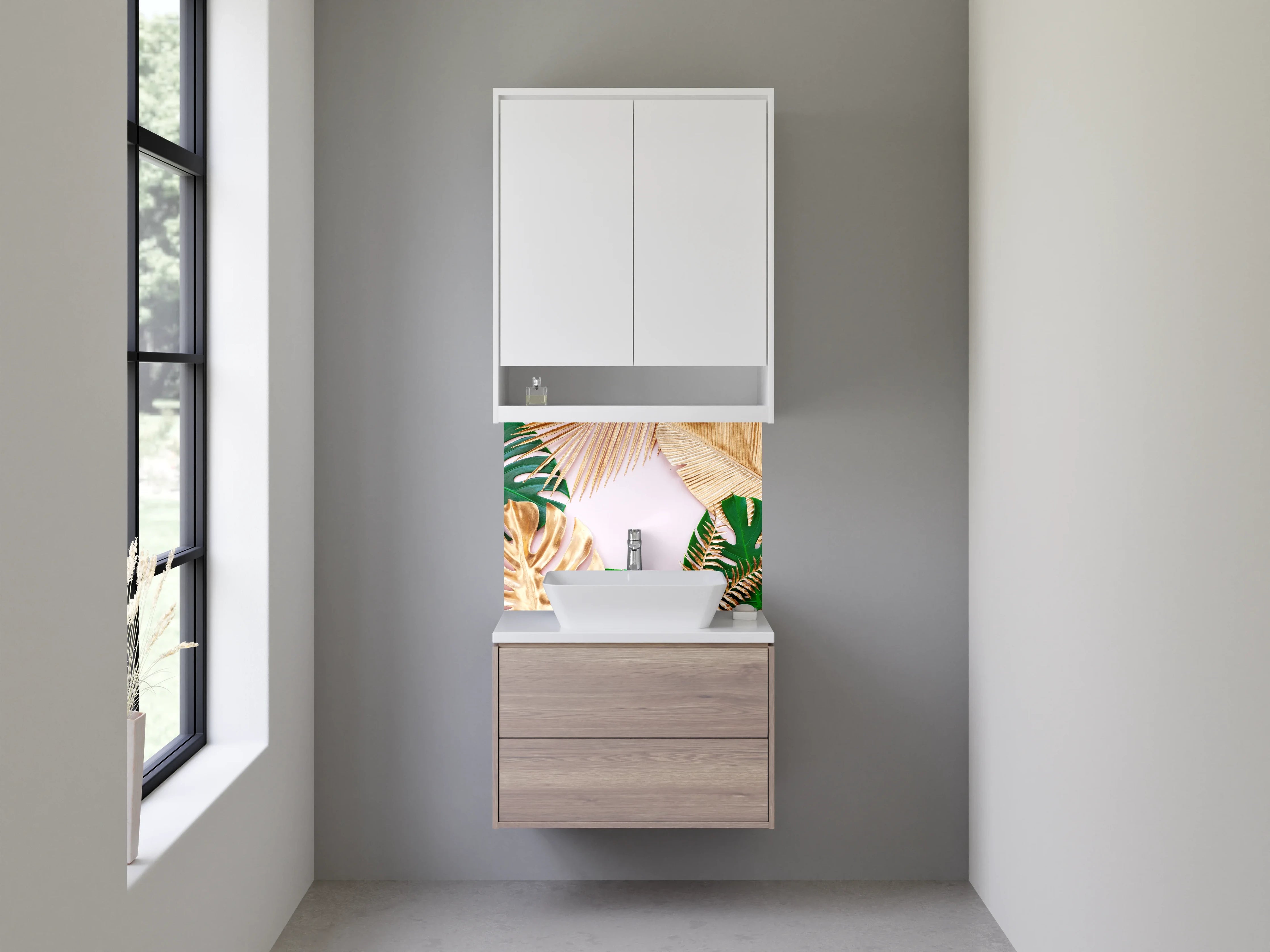 Waschbecken-Rückwand - Goldene und grüne Blätter Tropic