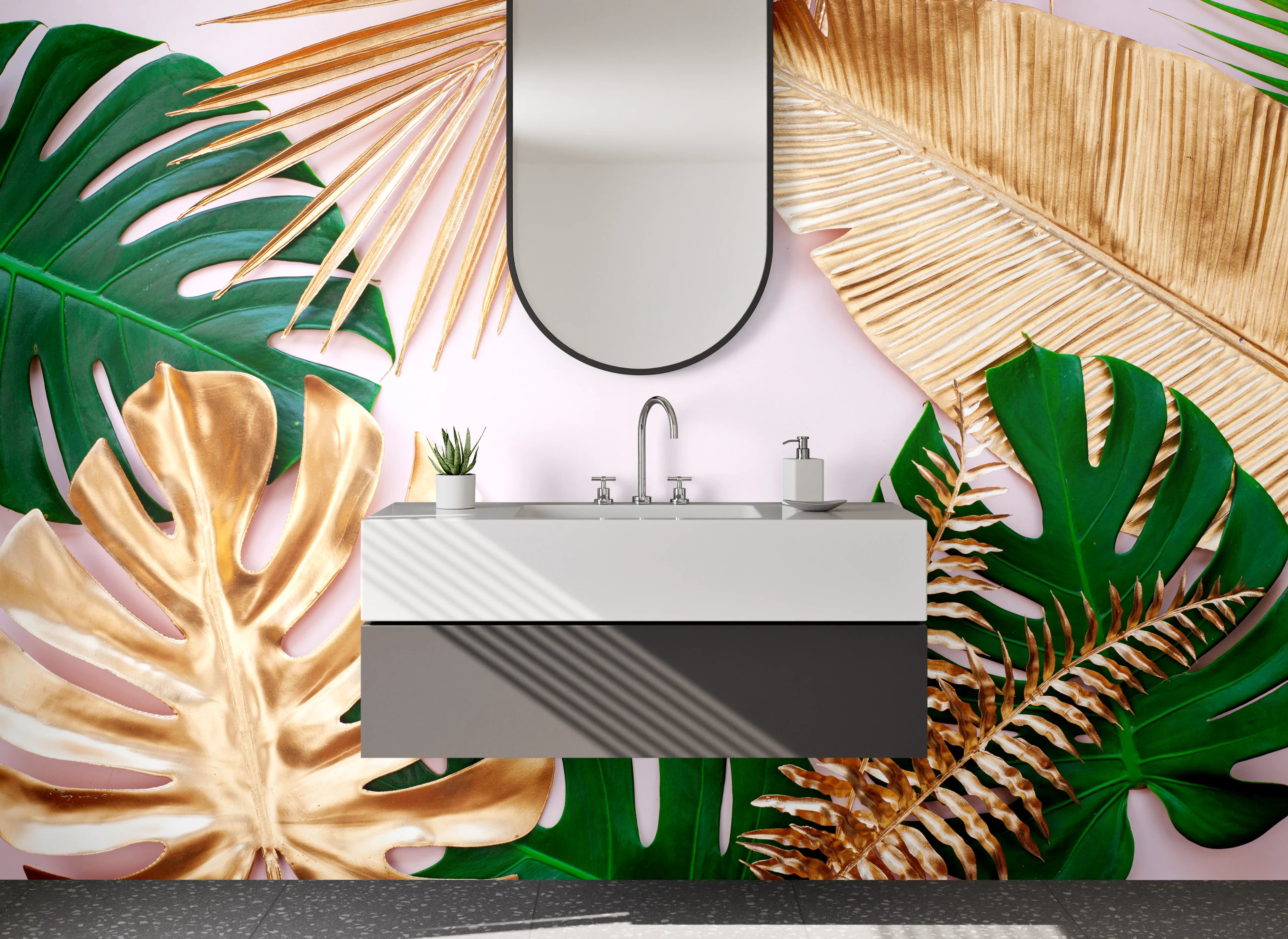 Waschbecken-Rückwand - Goldene und grüne Blätter Tropic