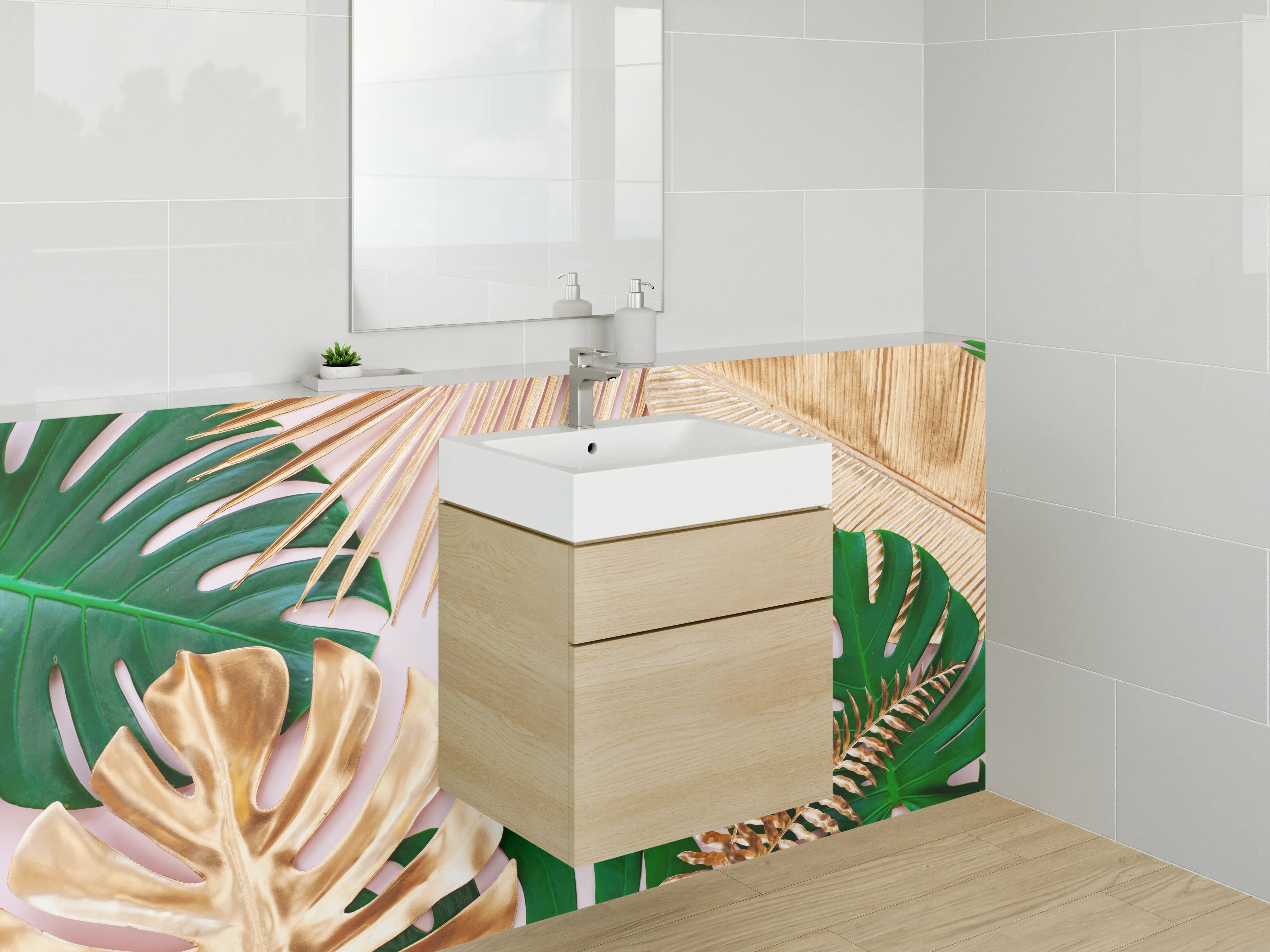 Waschbecken-Rückwand - Goldene und grüne Blätter Tropic