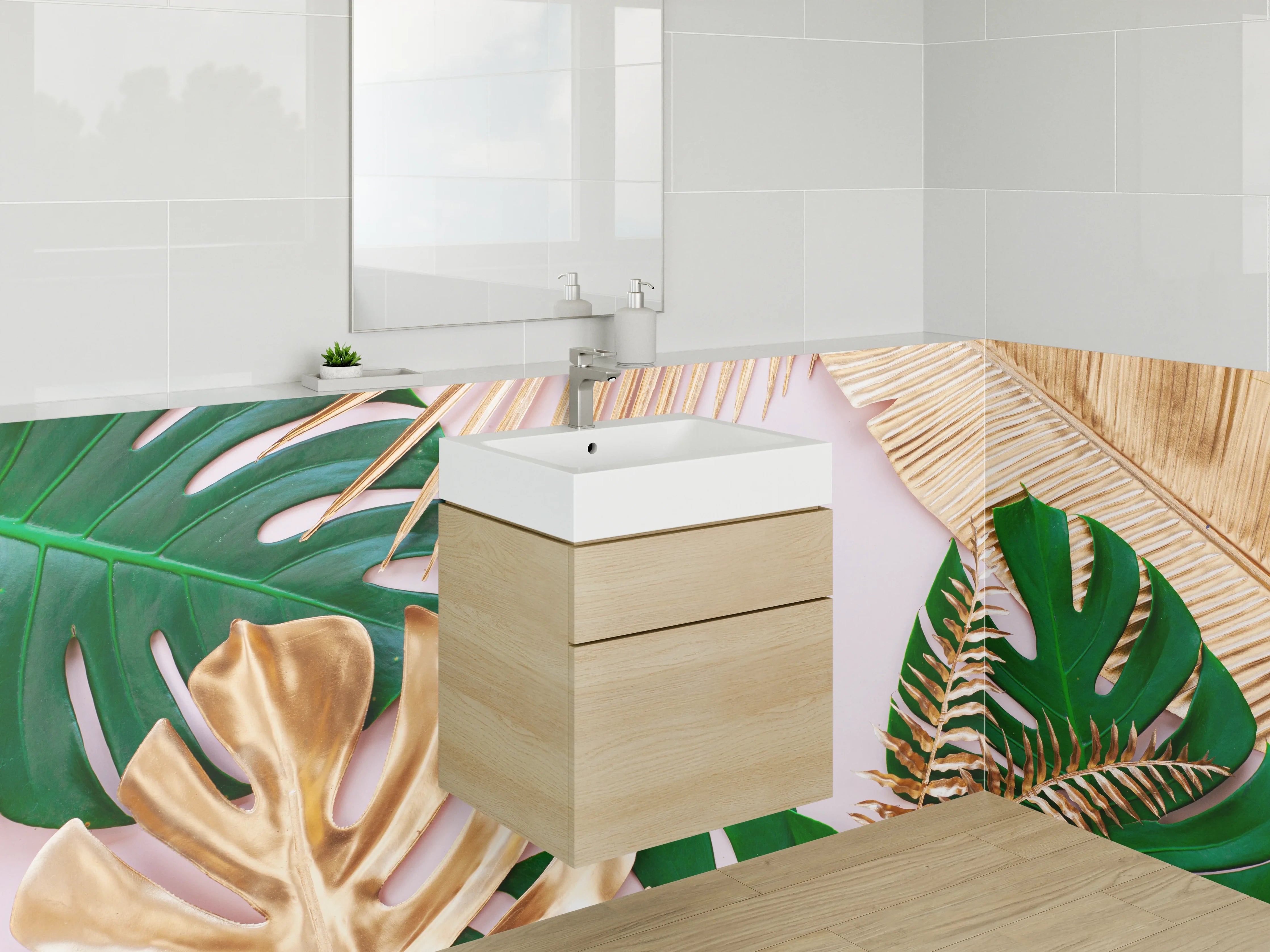 Waschbecken-Rückwand - Goldene und grüne Blätter Tropic
