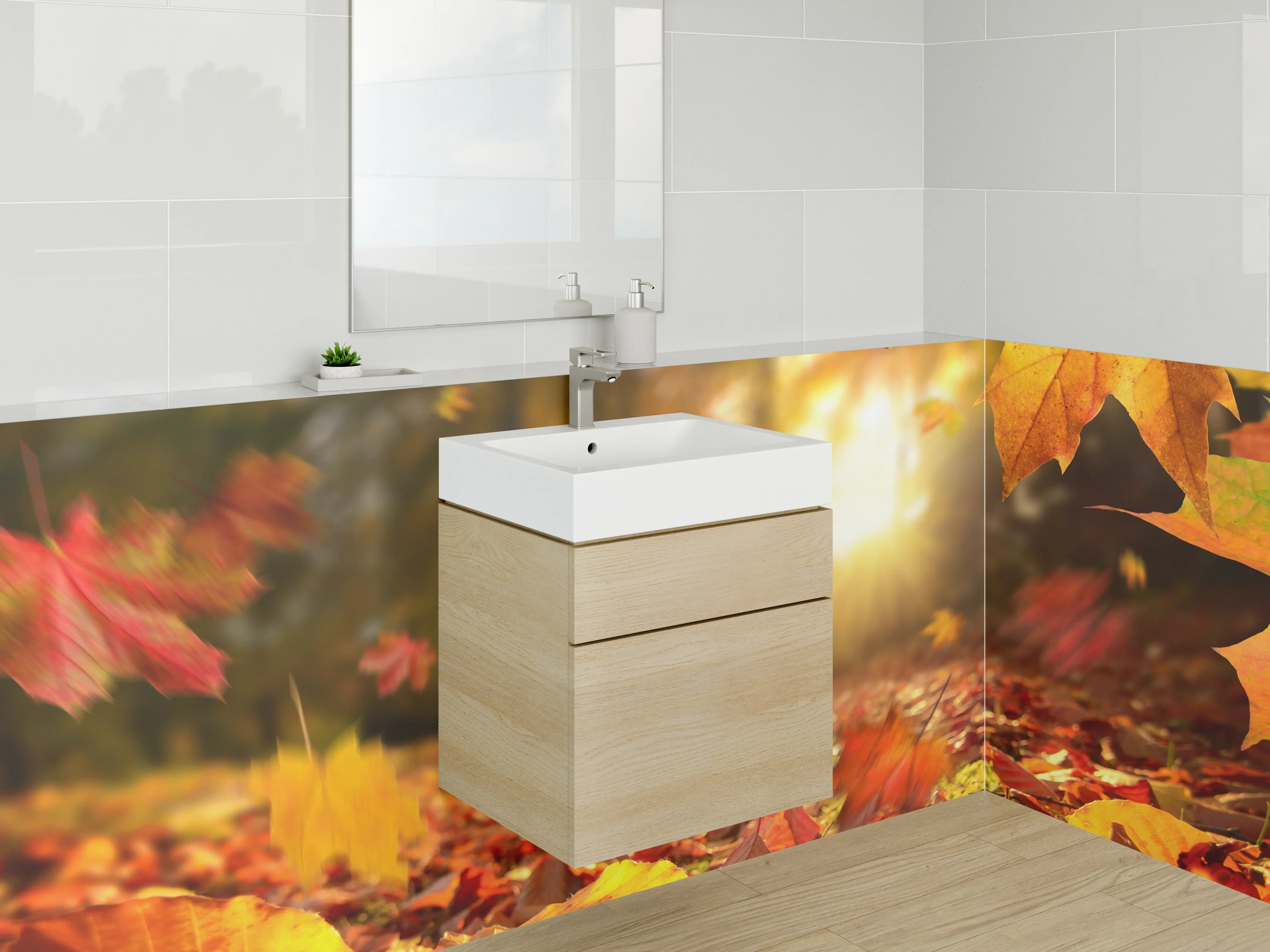 Waschbecken-Rückwand - Goldener Herbstlaub Boden Sonnenlicht