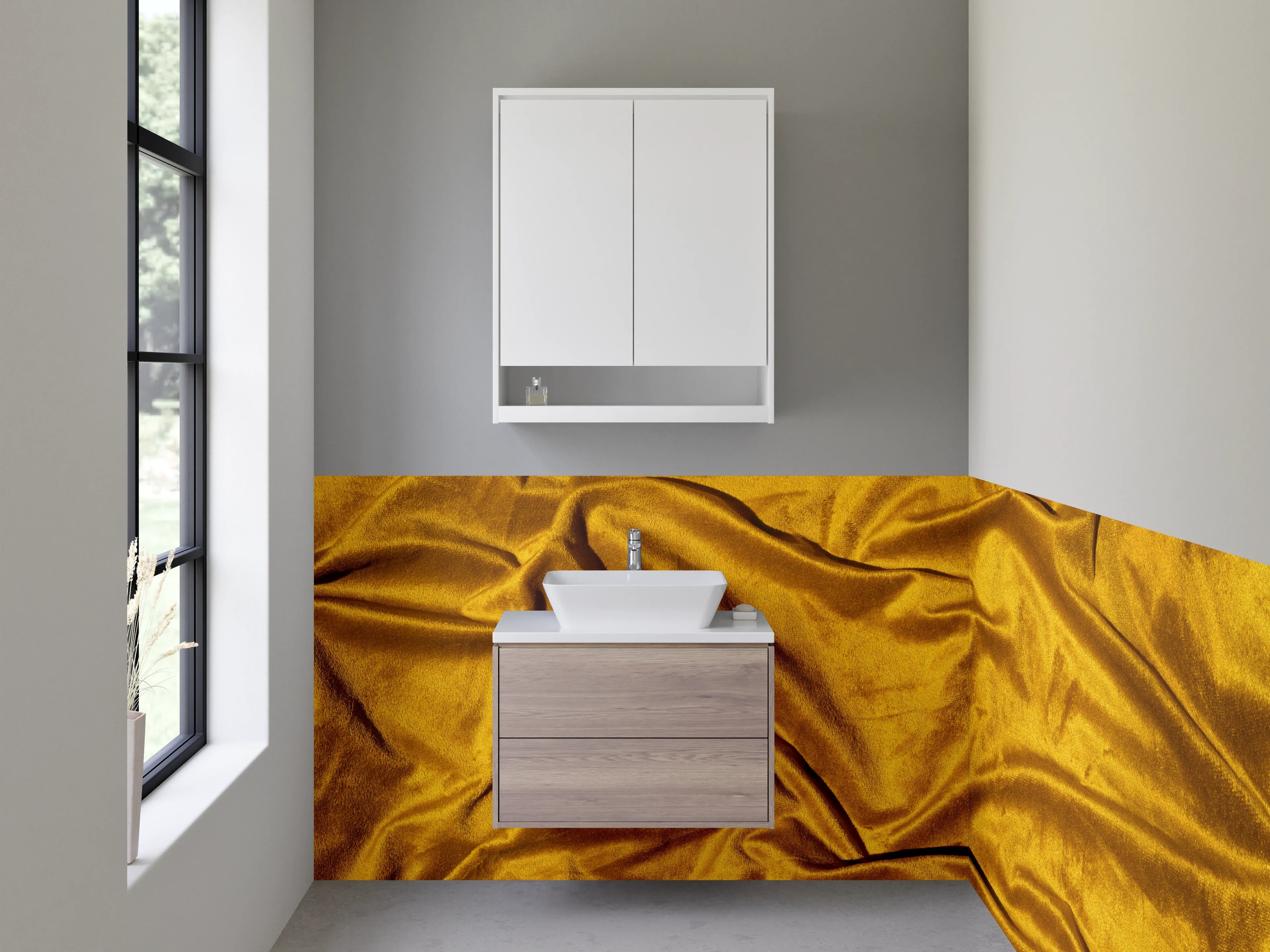 Waschbecken-Rückwand - Goldener Samtstoff – Eleganz und Luxus