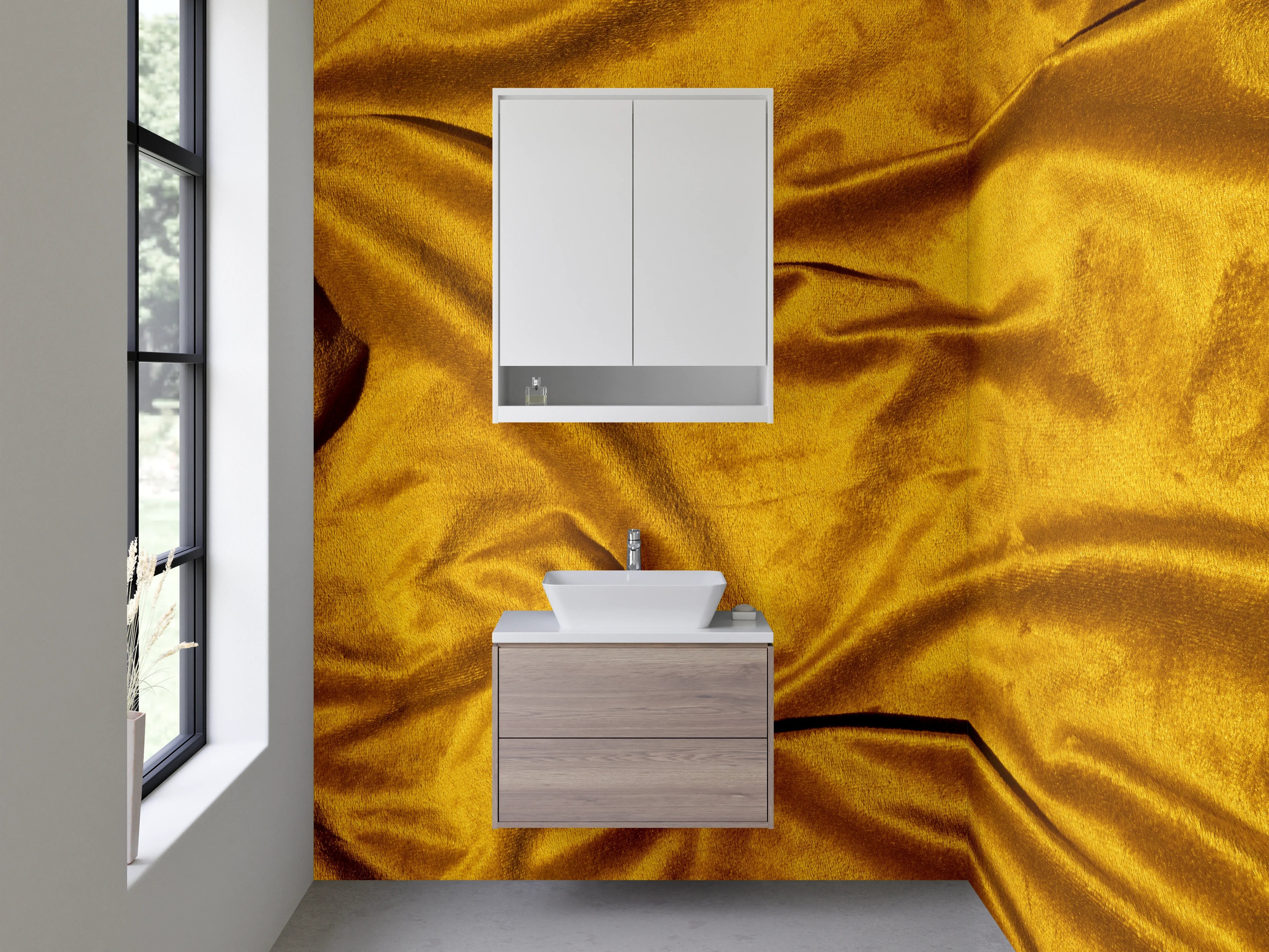 Waschbecken-Rückwand - Goldener Samtstoff – Eleganz und Luxus
