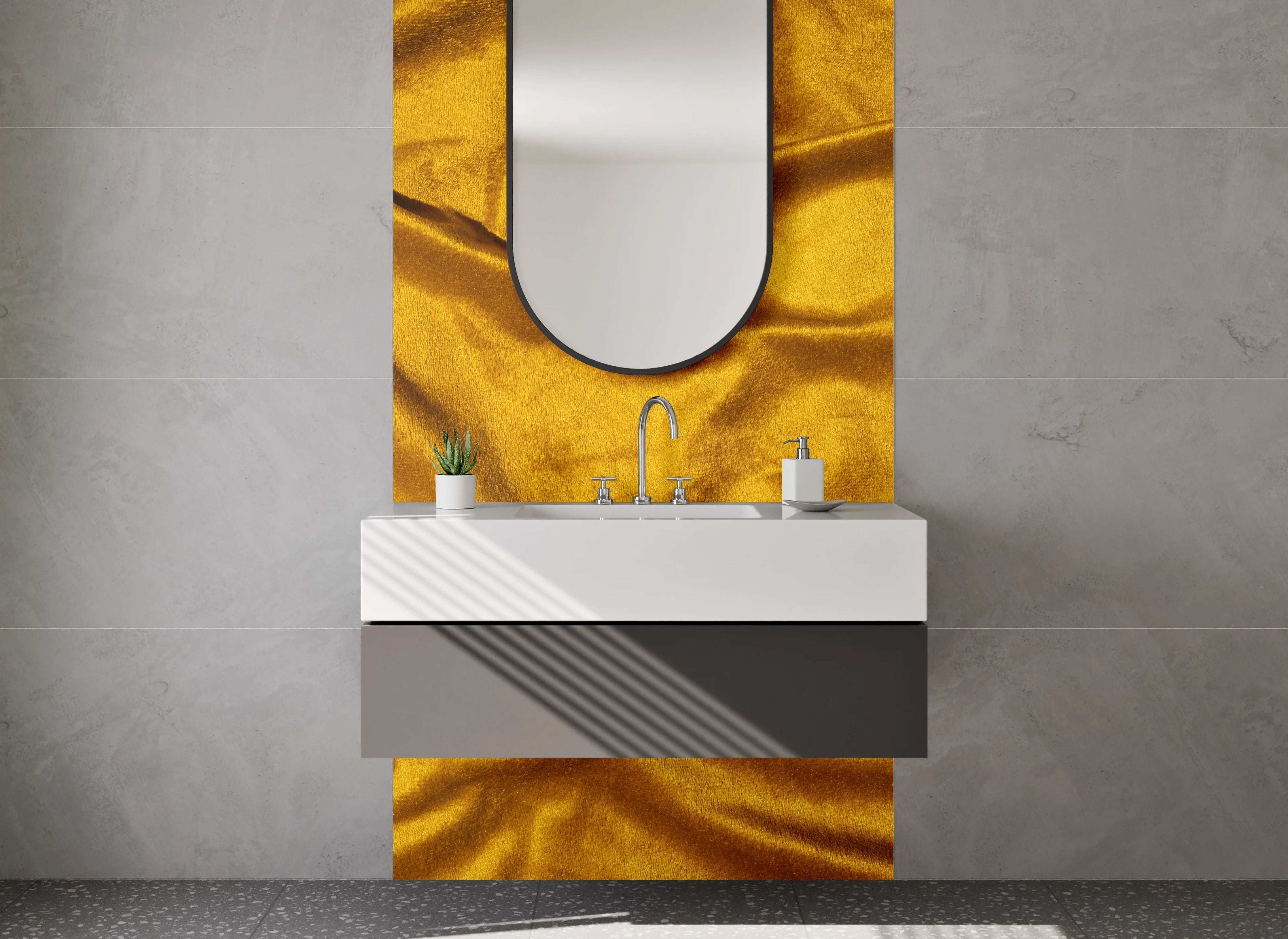 Waschbecken-Rückwand - Goldener Samtstoff – Eleganz und Luxus