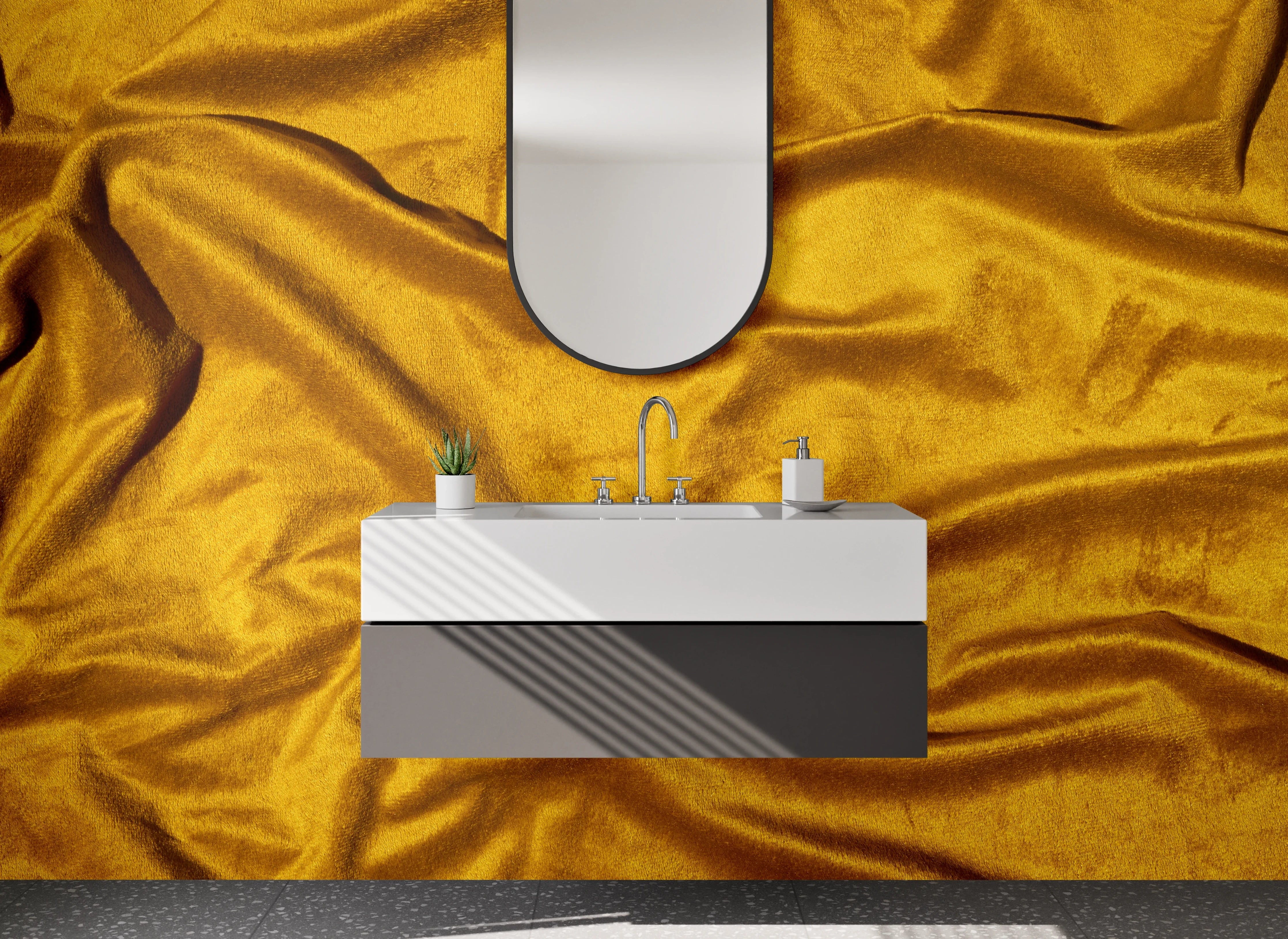 Waschbecken-Rückwand - Goldener Samtstoff – Eleganz und Luxus