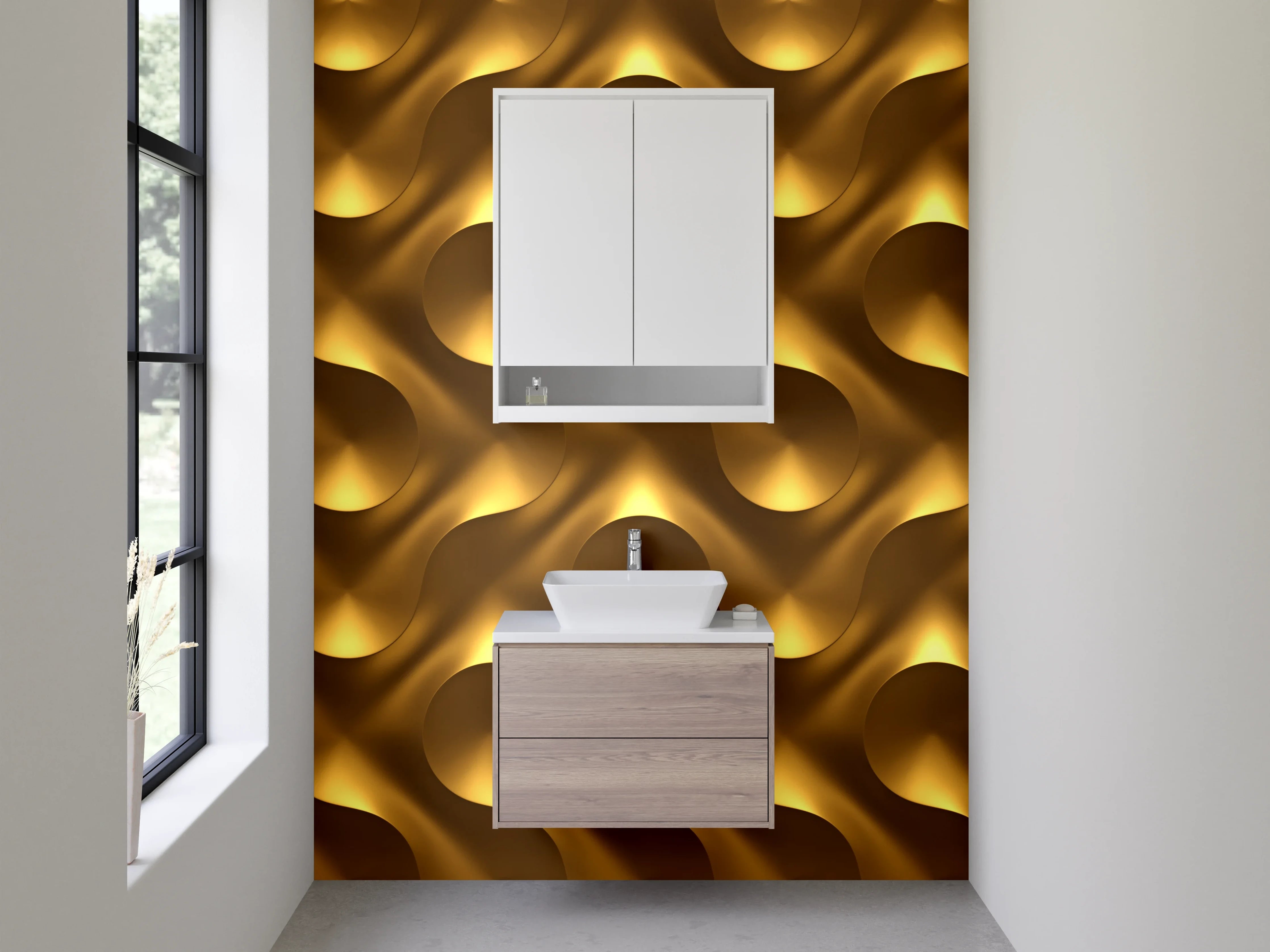 Waschbecken-Rückwand - Goldenes 3D-Wellenmuster für Akzentwände