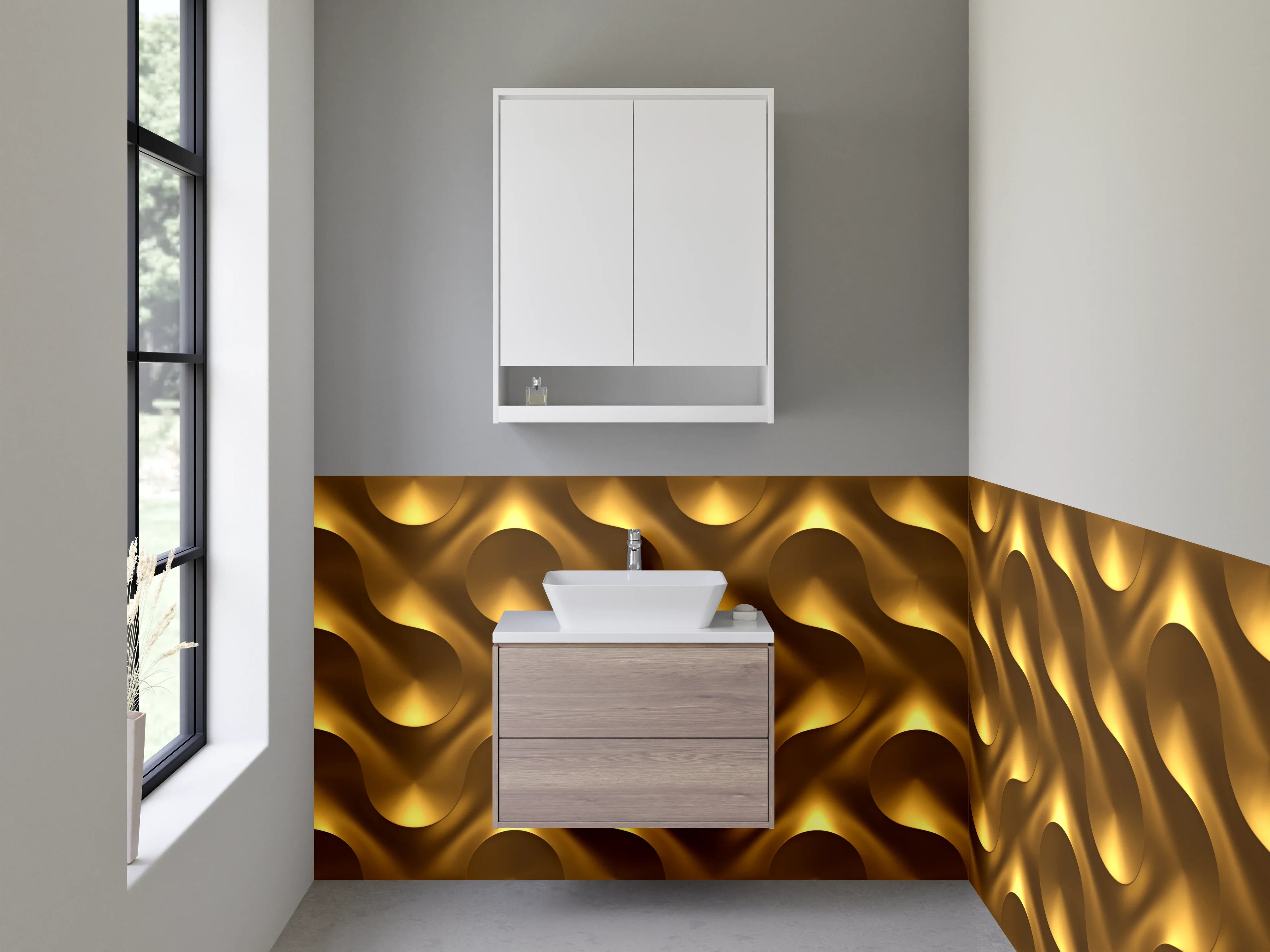 Waschbecken-Rückwand - Goldenes 3D-Wellenmuster für Akzentwände