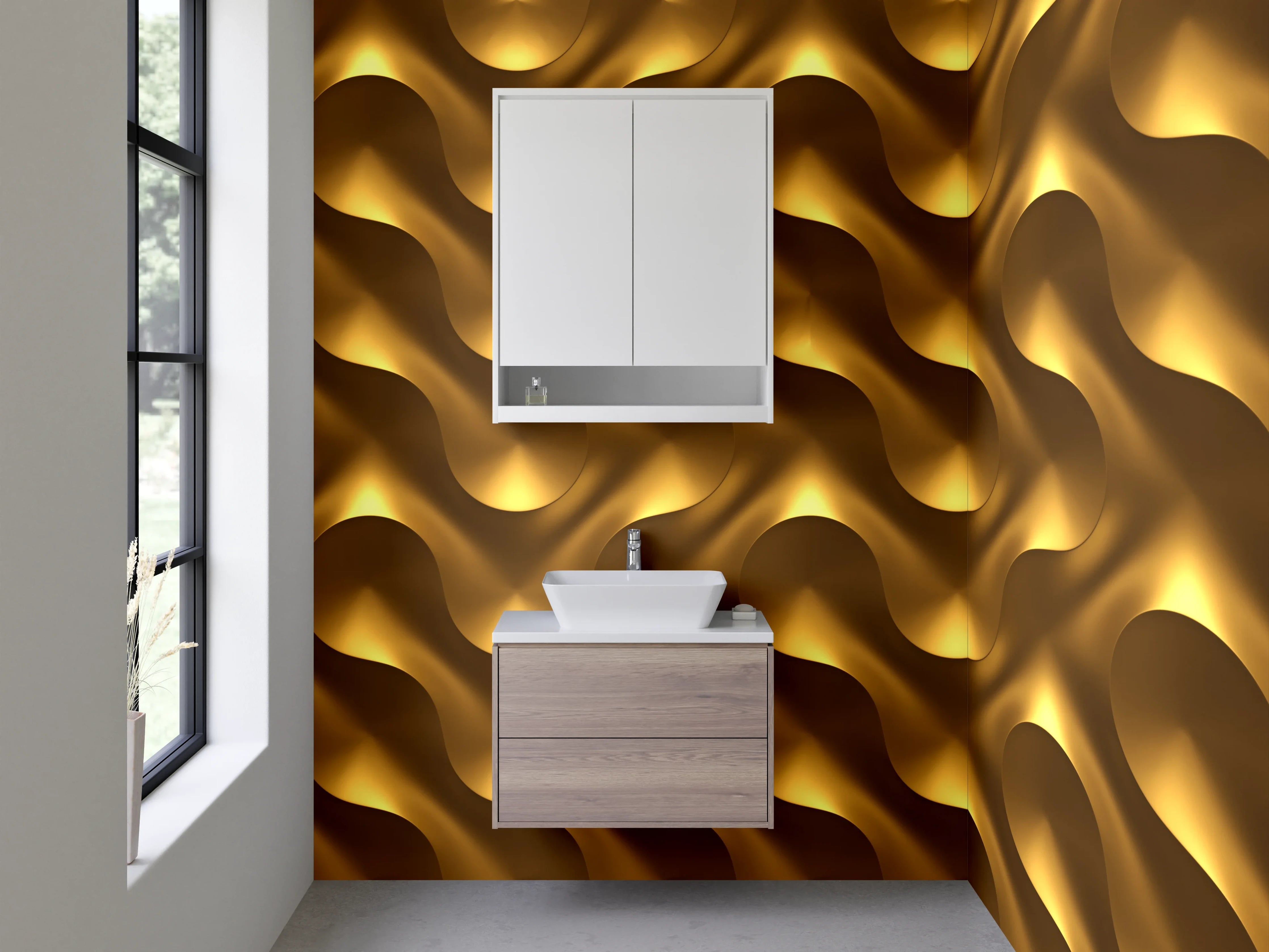 Waschbecken-Rückwand - Goldenes 3D-Wellenmuster für Akzentwände