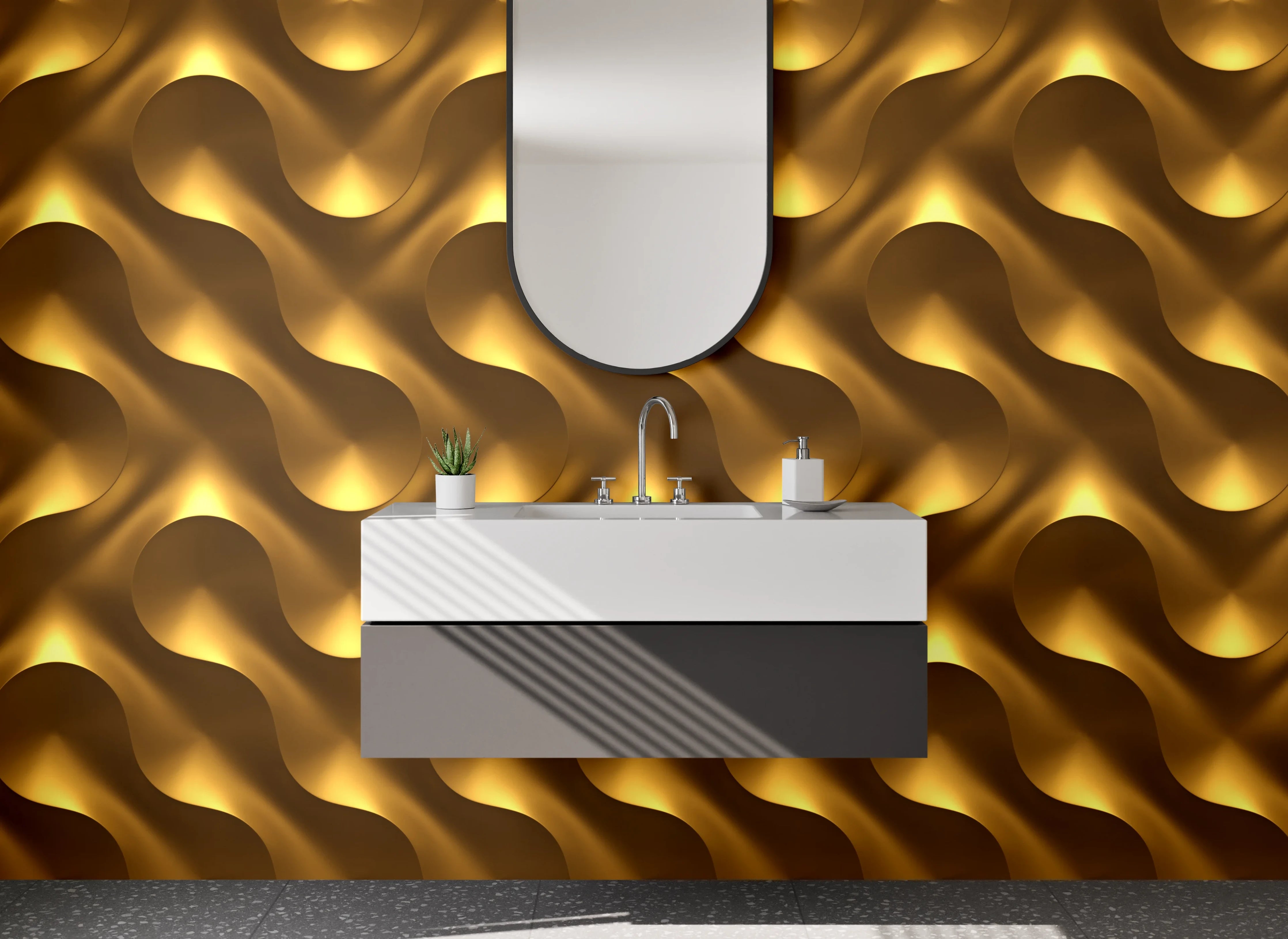 Waschbecken-Rückwand - Goldenes 3D-Wellenmuster für Akzentwände