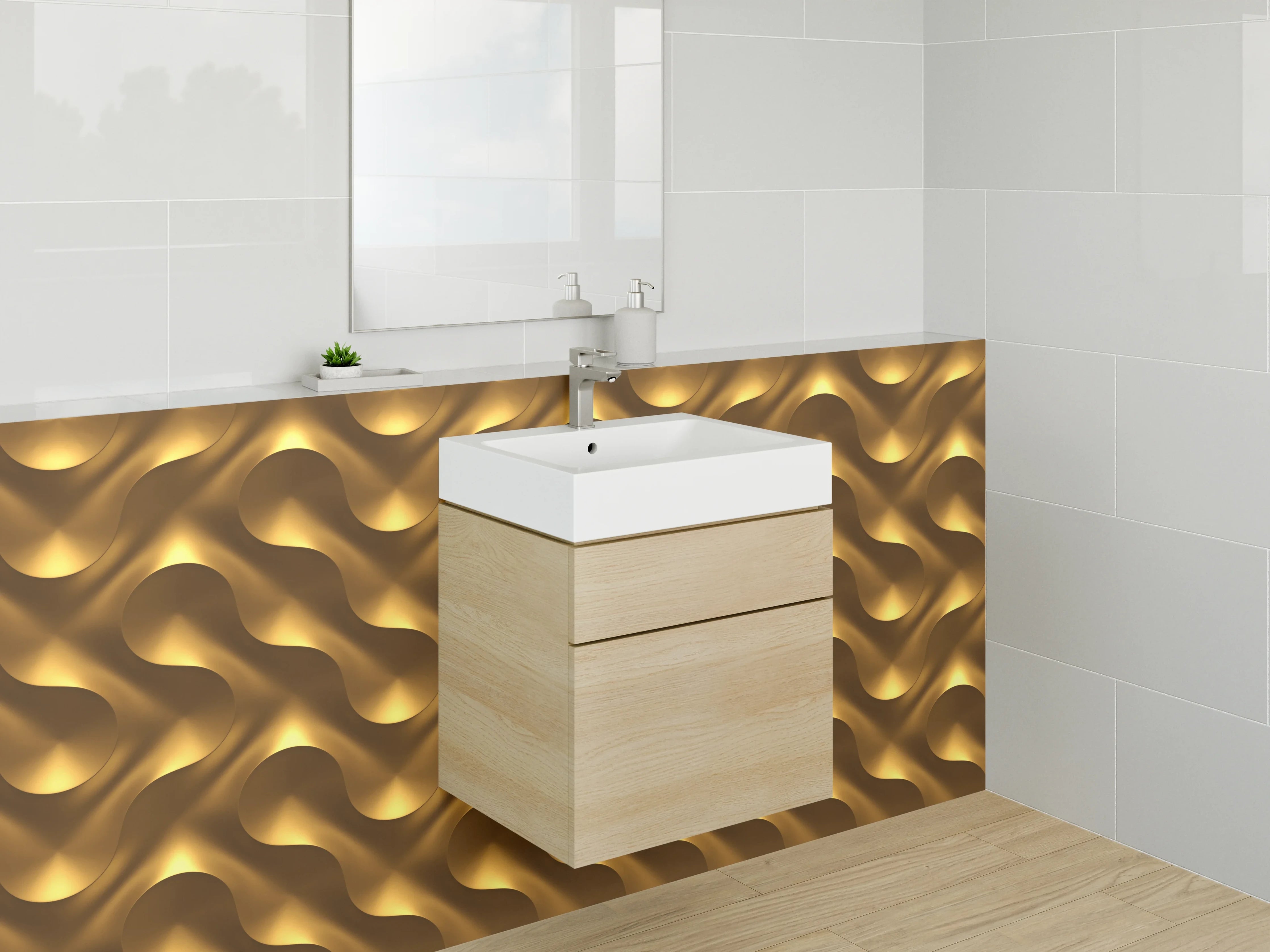 Waschbecken-Rückwand - Goldenes 3D-Wellenmuster für Akzentwände