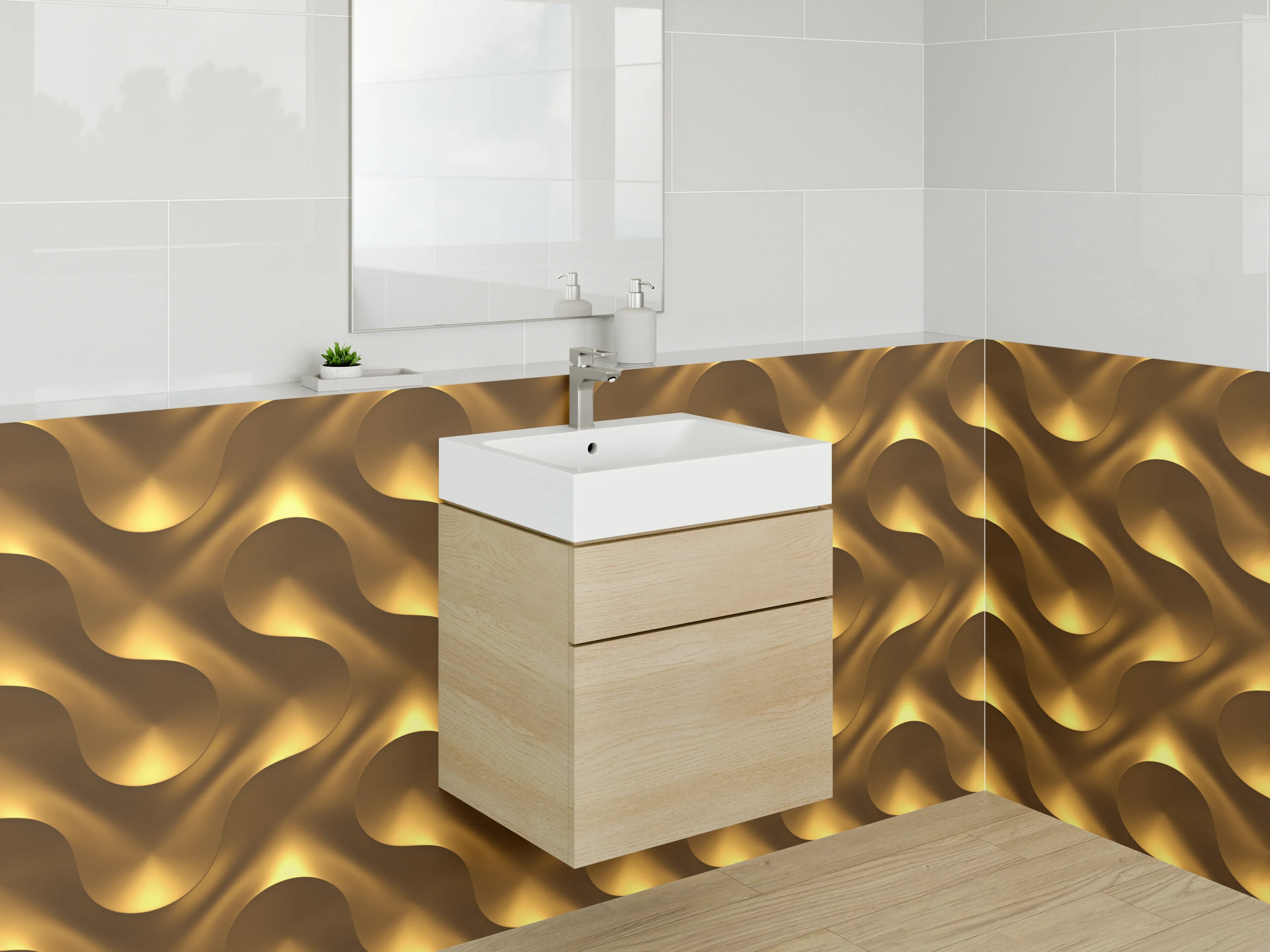 Waschbecken-Rückwand - Goldenes 3D-Wellenmuster für Akzentwände