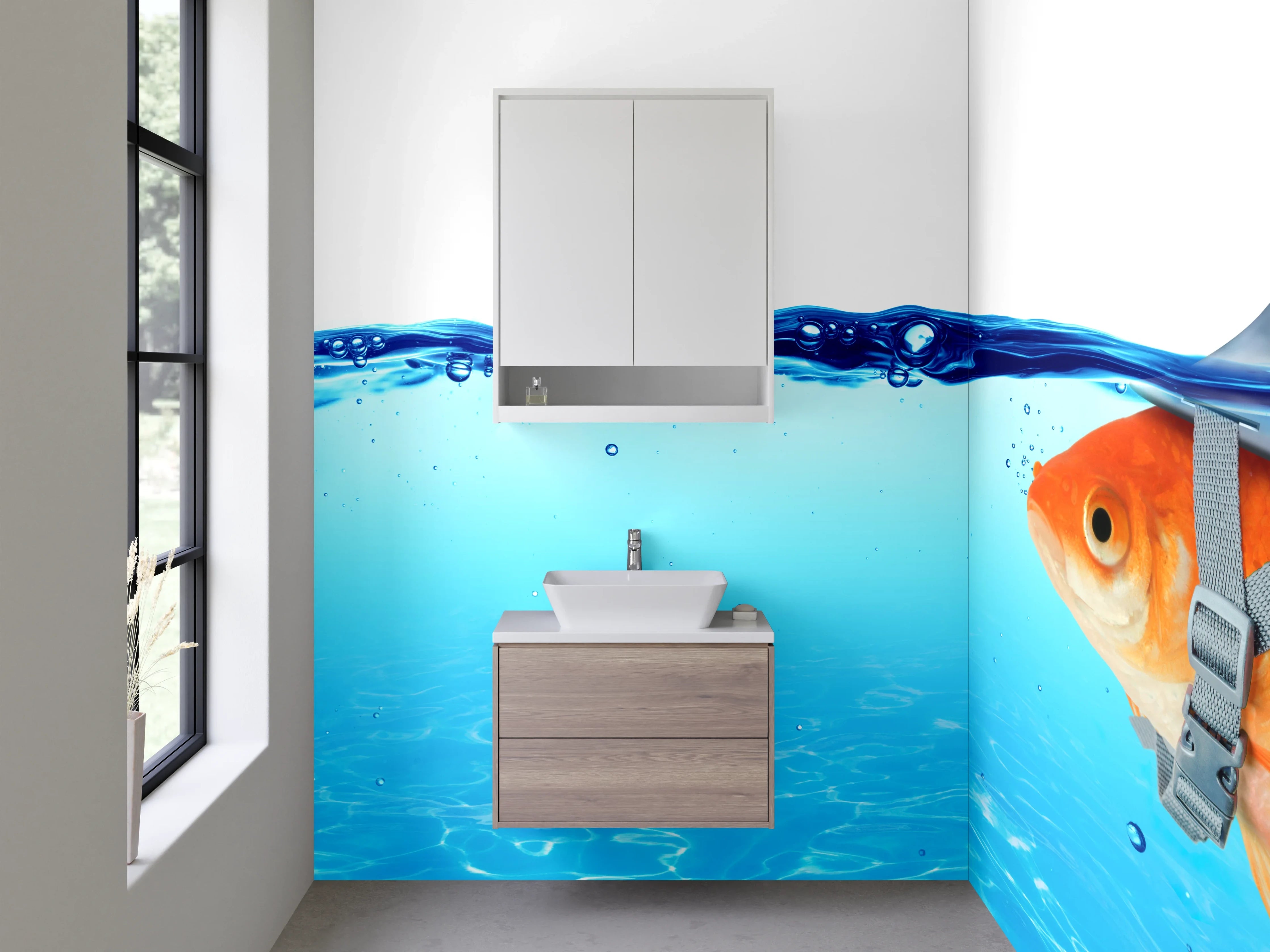 Waschbecken-Rückwand - Goldfisch mit Haiflosse witzig Wasser