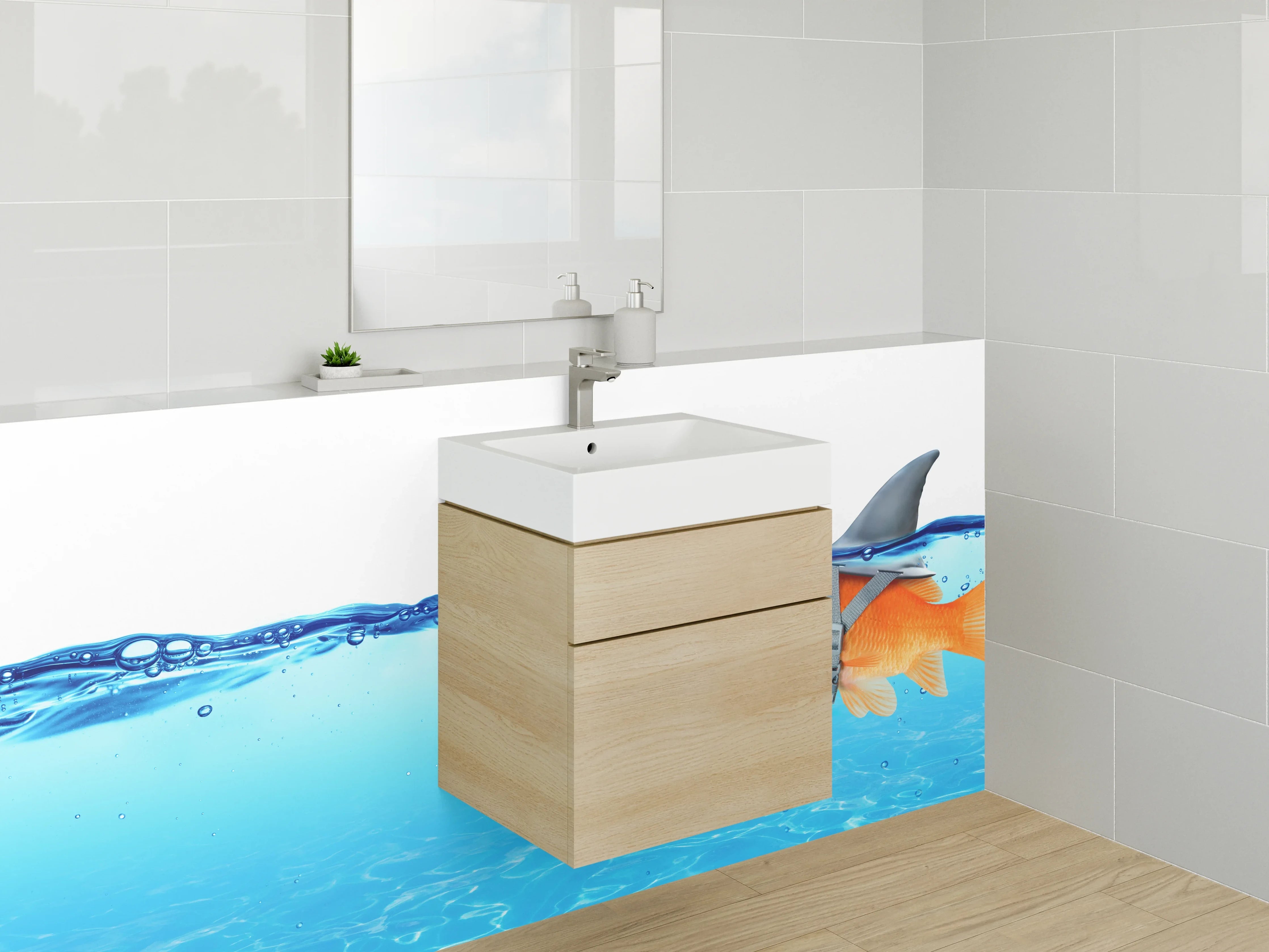 Waschbecken-Rückwand - Goldfisch mit Haiflosse witzig Wasser