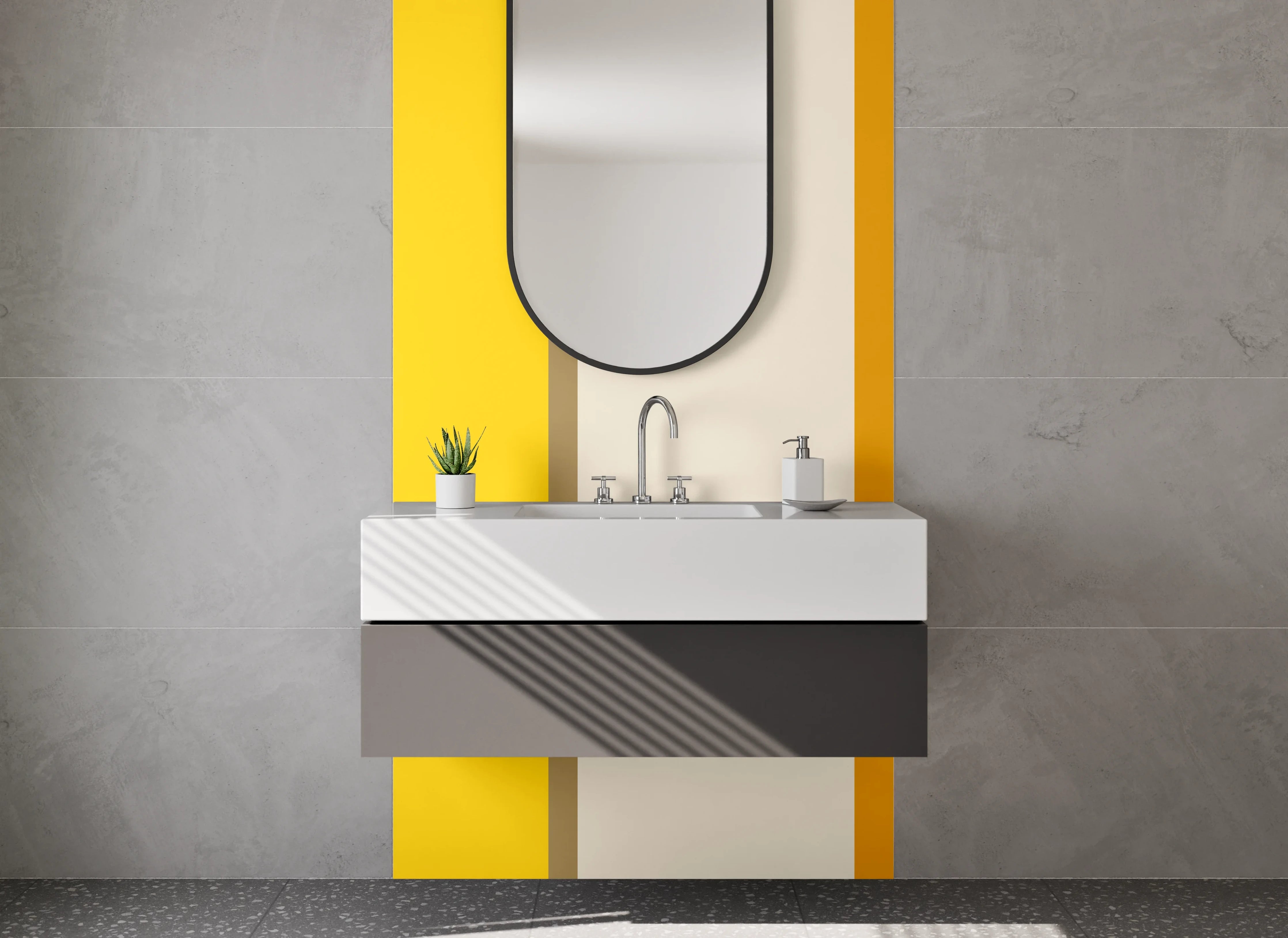 Waschbecken-Rückwand - Goldgelbe und braune Farbgeometrie