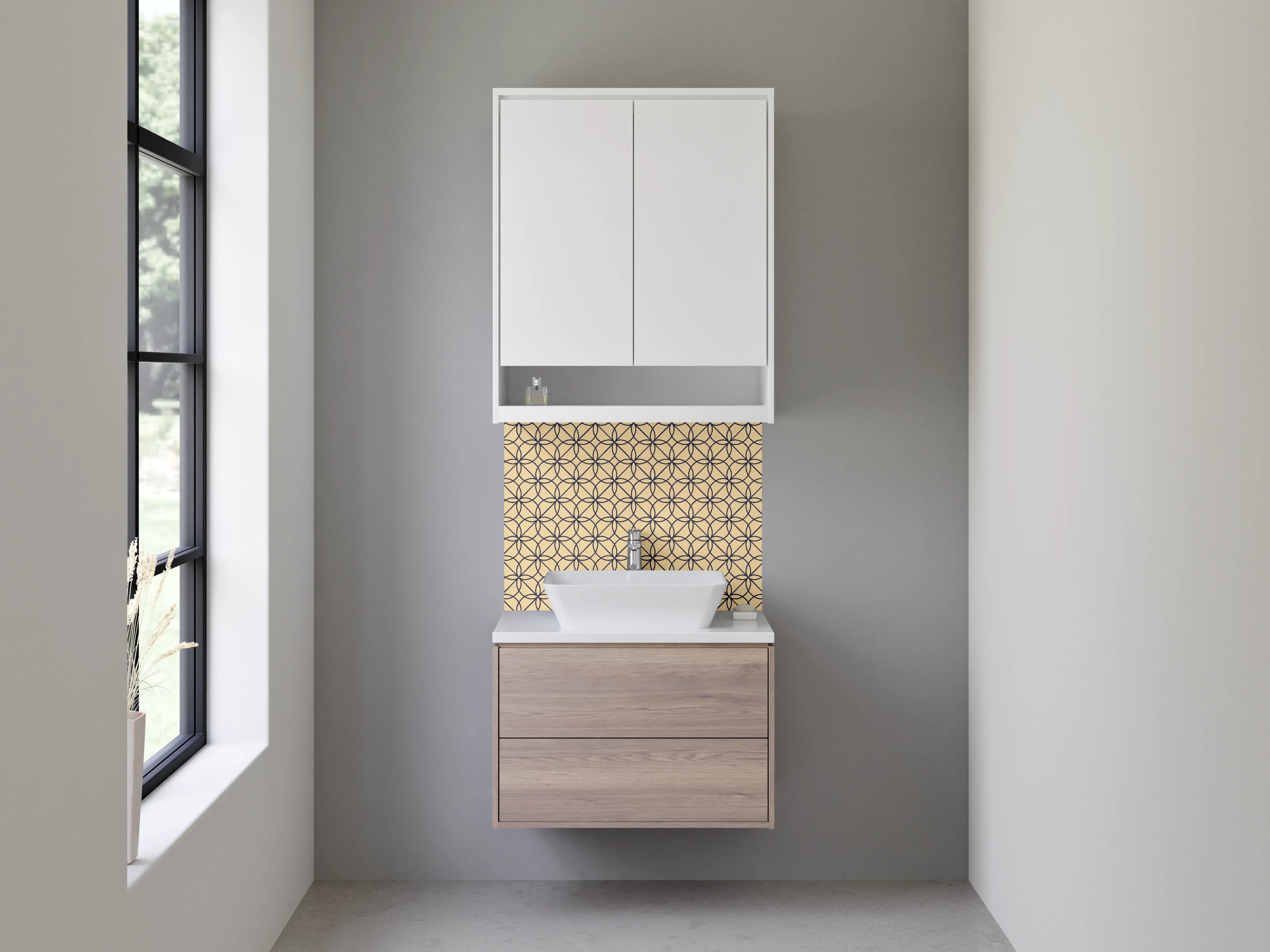 Waschbecken-Rückwand - Grafisches Kreislinien-Muster, Beige & Schwarz