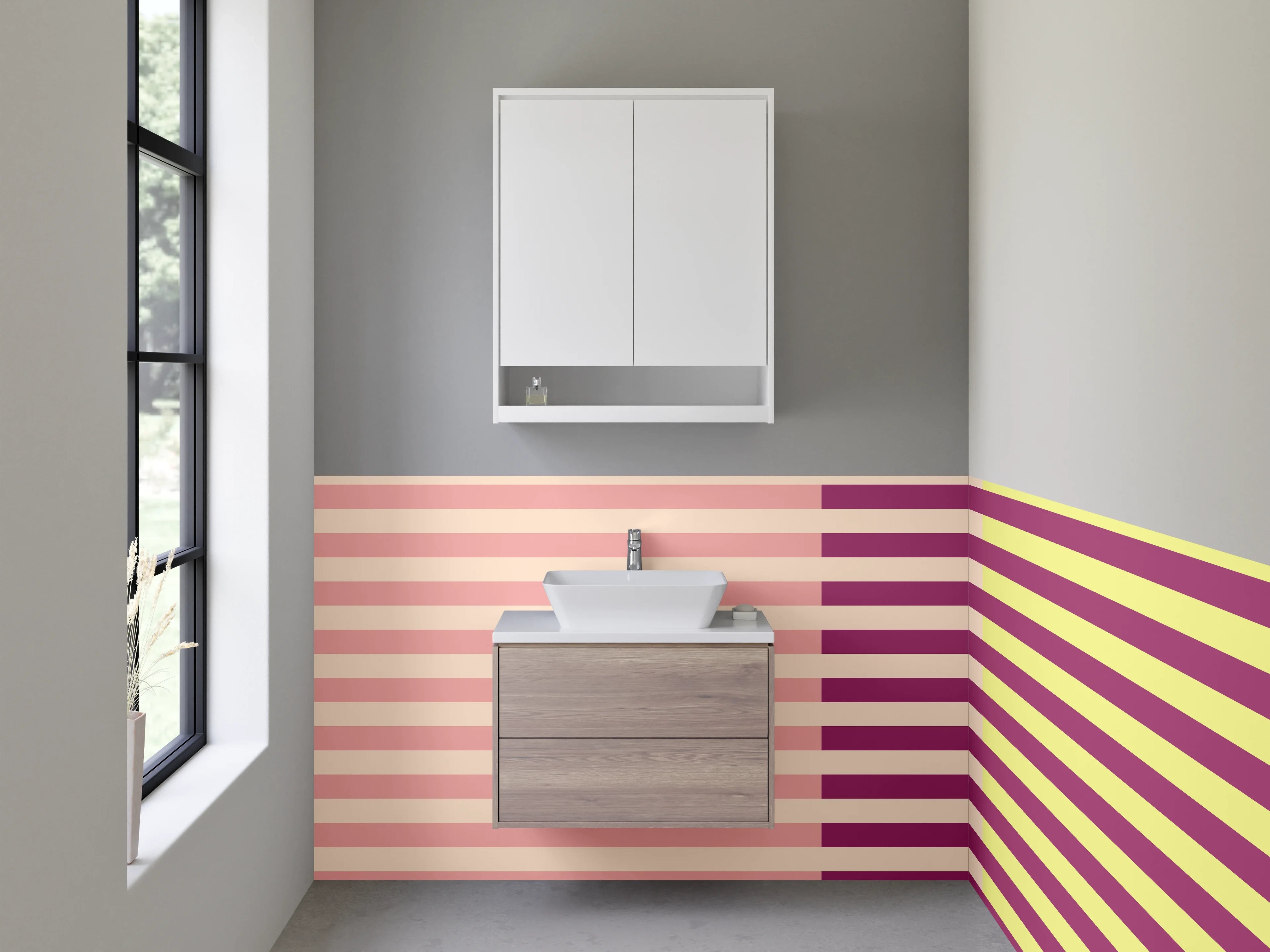 Waschbecken-Rückwand - Grafisches Retro-Streifenmuster Rosa Gelb Lila