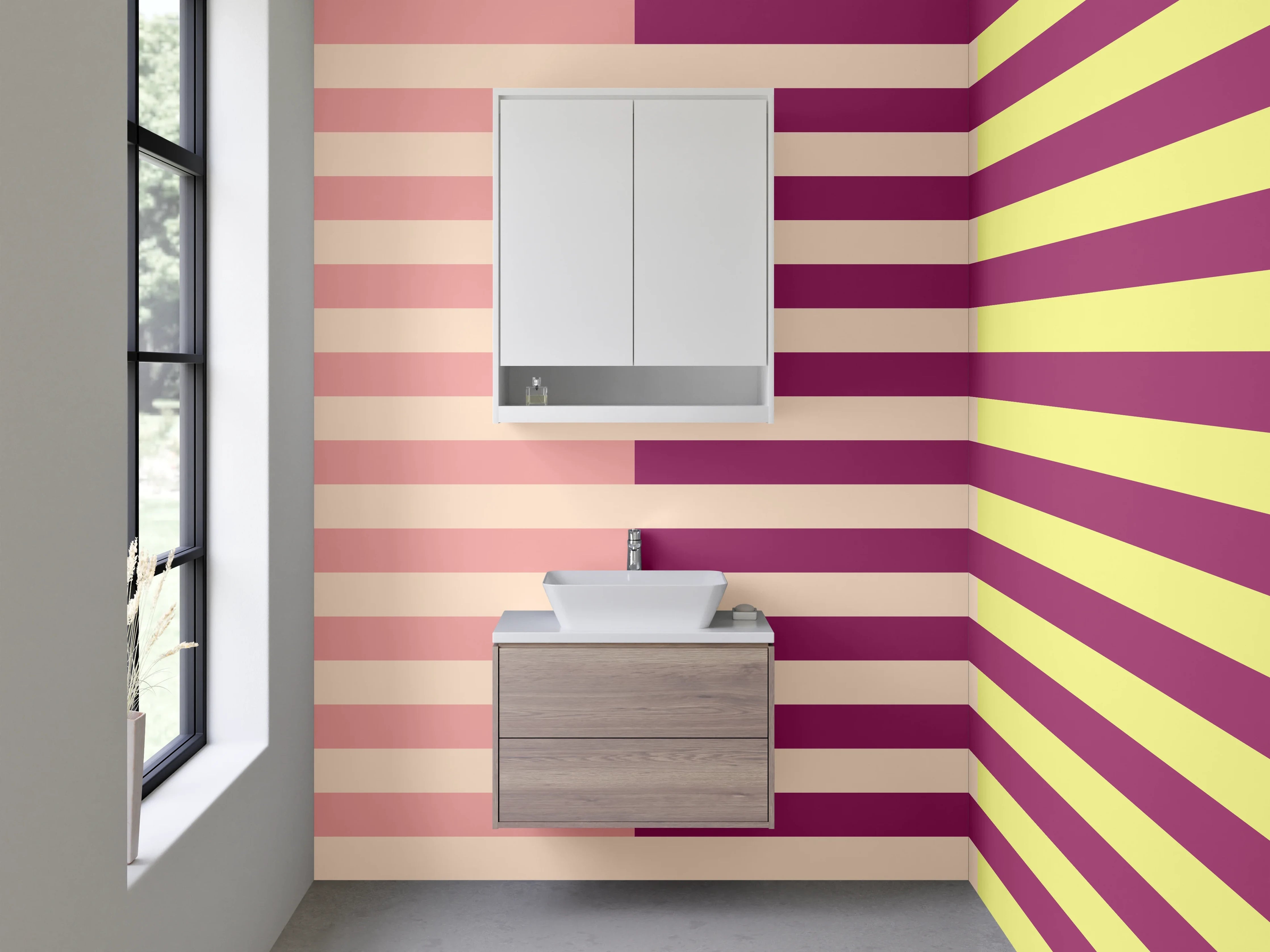 Waschbecken-Rückwand - Grafisches Retro-Streifenmuster Rosa Gelb Lila