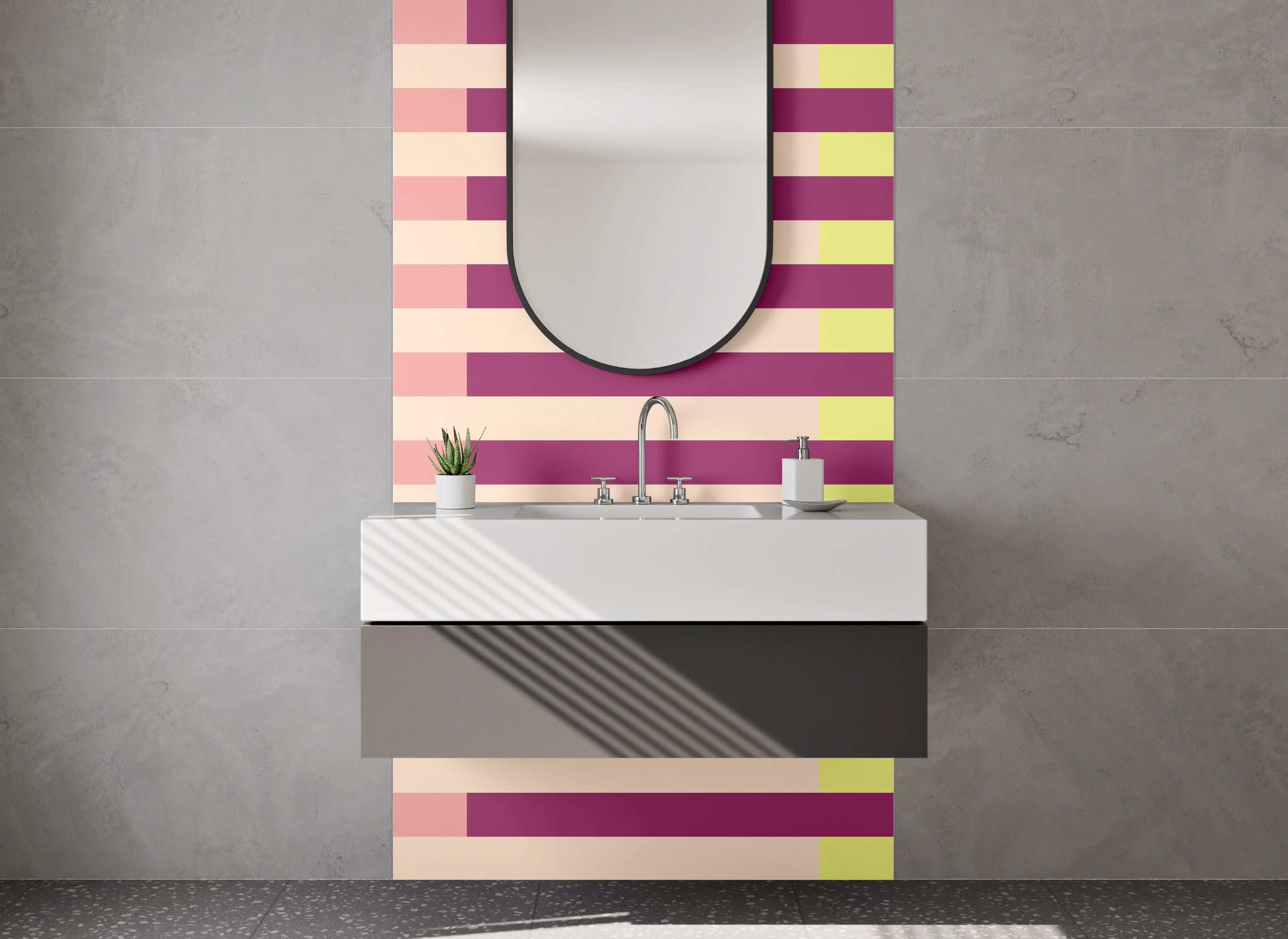 Waschbecken-Rückwand - Grafisches Retro-Streifenmuster Rosa Gelb Lila