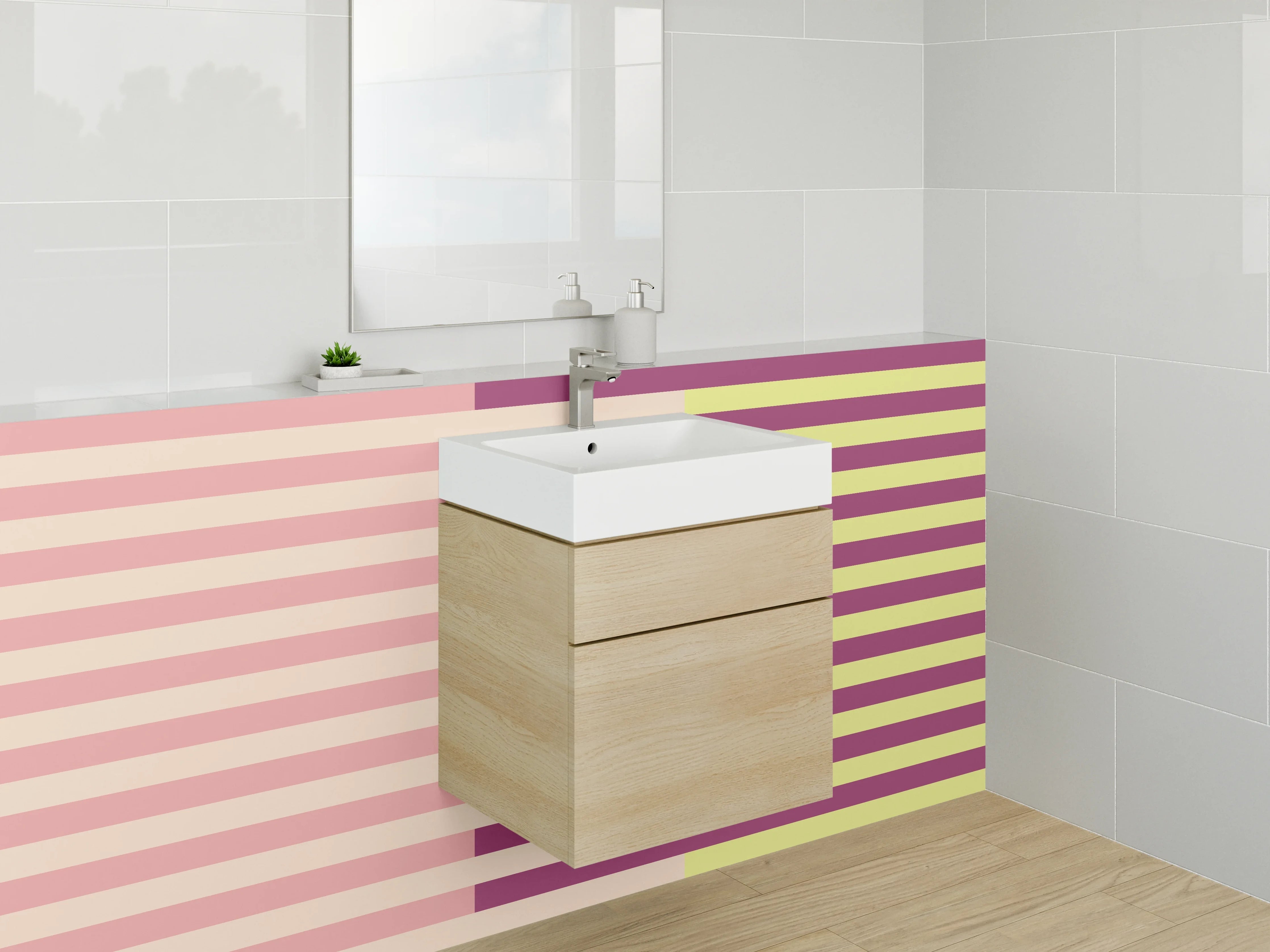 Waschbecken-Rückwand - Grafisches Retro-Streifenmuster Rosa Gelb Lila