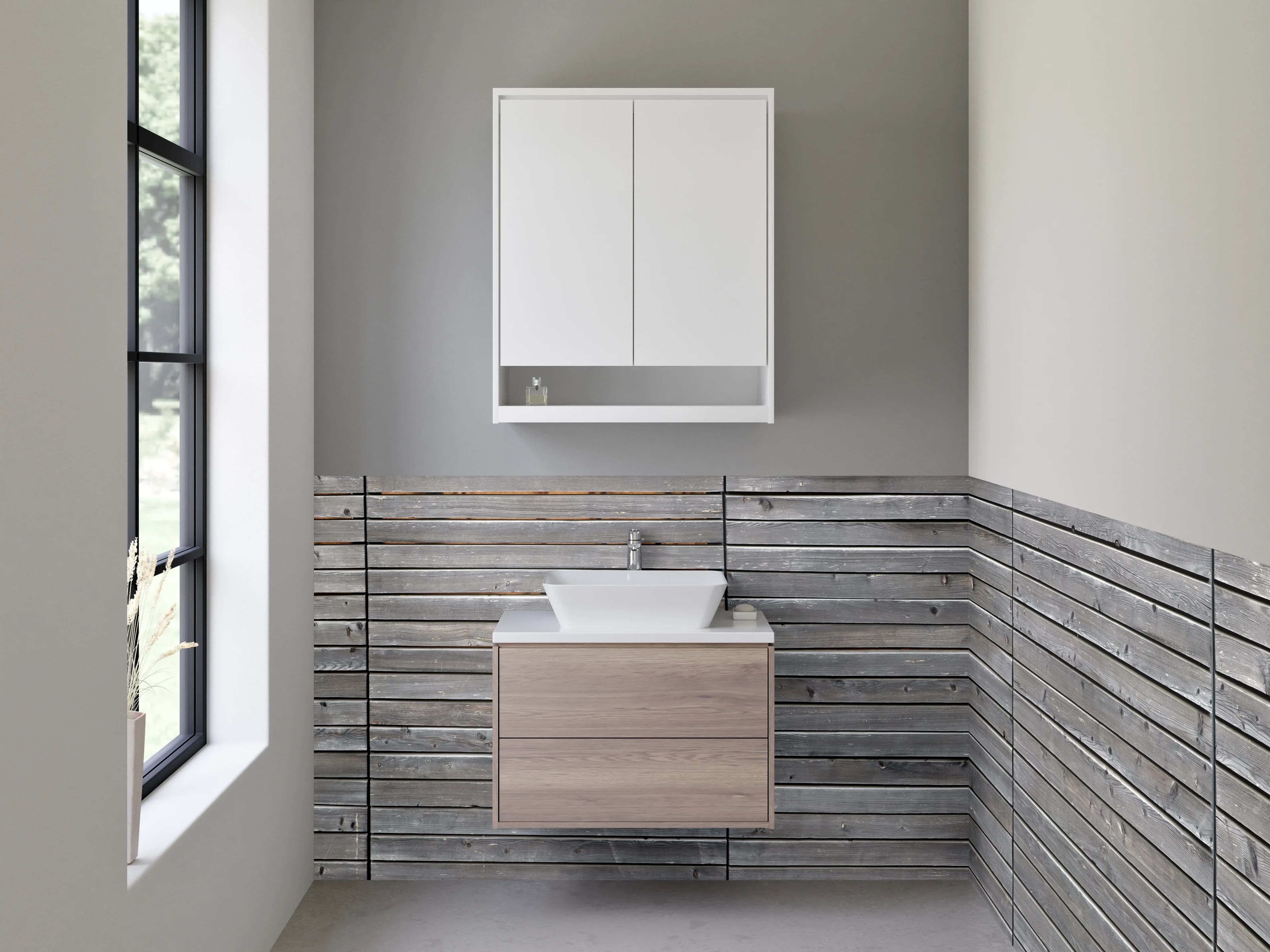 Waschbecken-Rückwand - Grau-braune Holzlamellen mit strukturierter Oberfläche