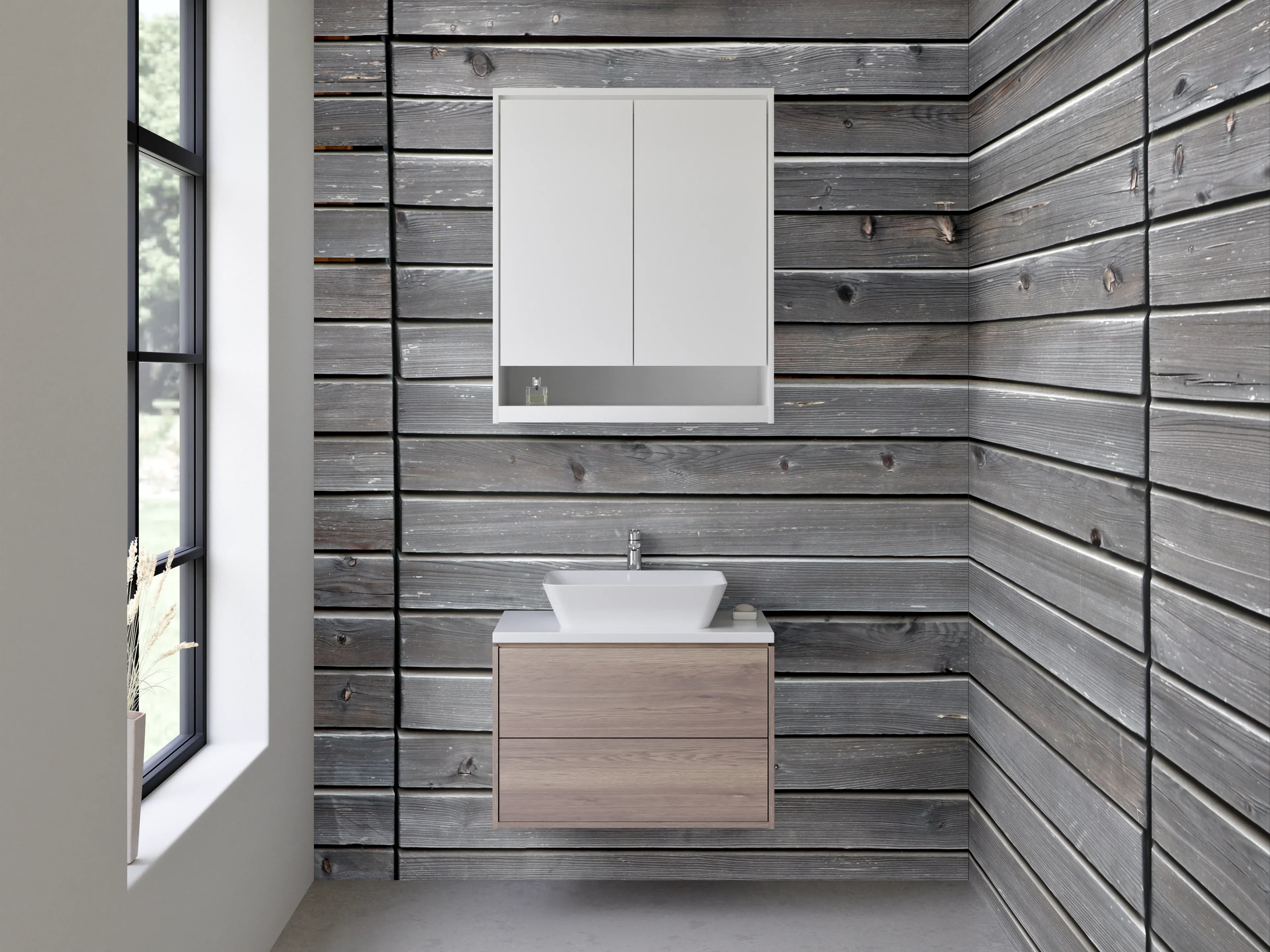 Waschbecken-Rückwand - Grau-braune Holzlamellen mit strukturierter Oberfläche