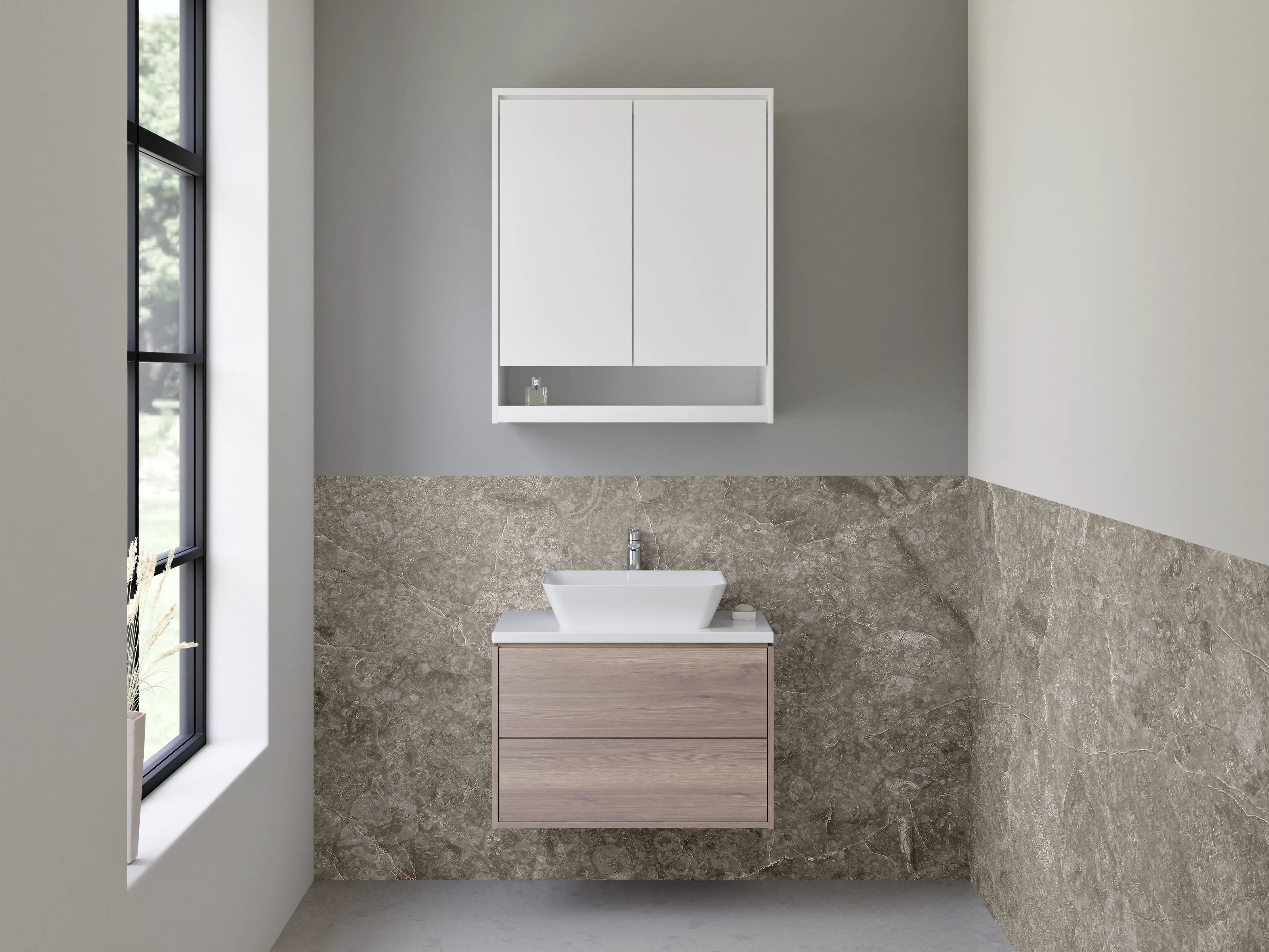 Waschbecken-Rückwand - Grau marmorierte Steinoptik