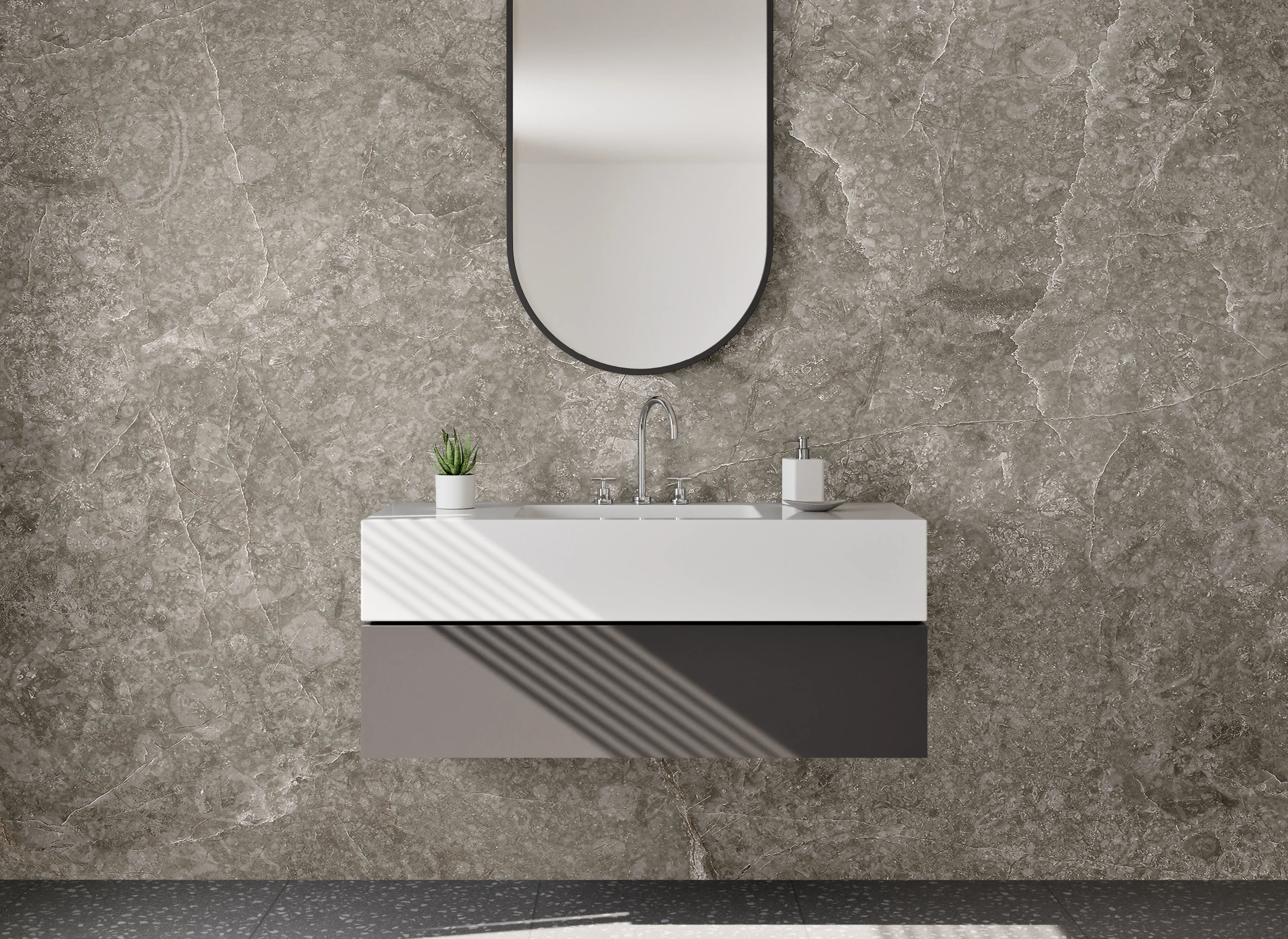 Waschbecken-Rückwand - Grau marmorierte Steinoptik
