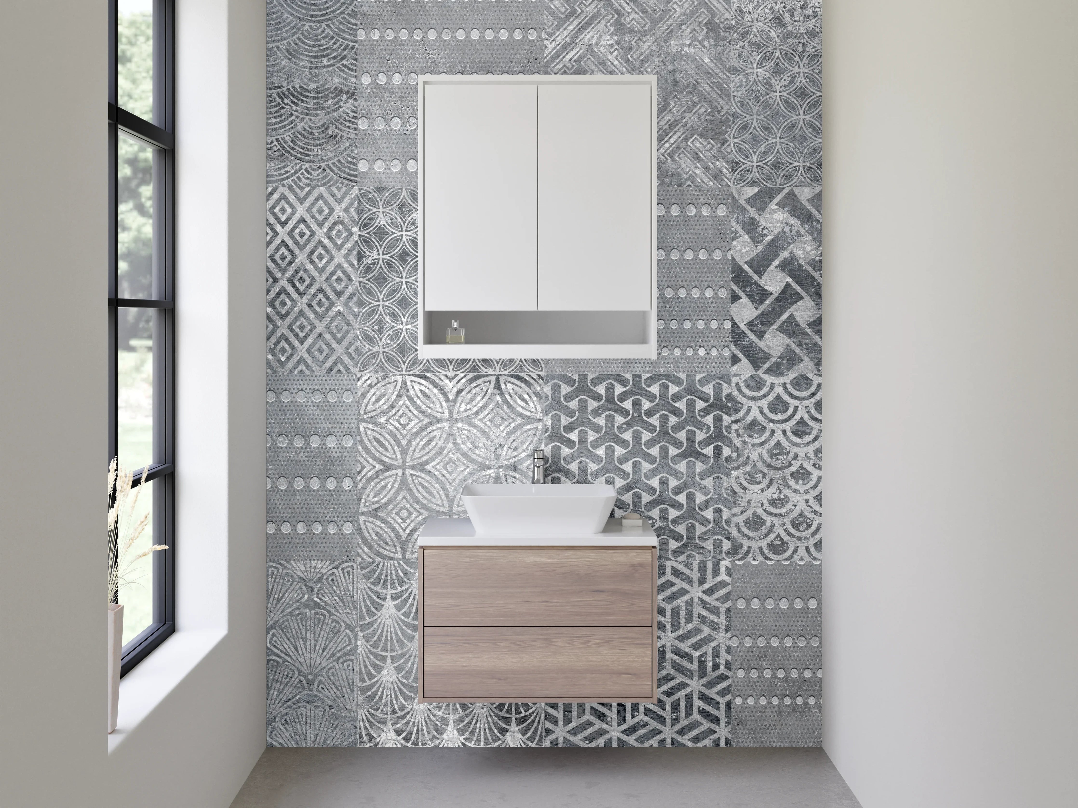 Waschbecken-Rückwand - Grau-weiße Patchwork Mosaik Fliesen