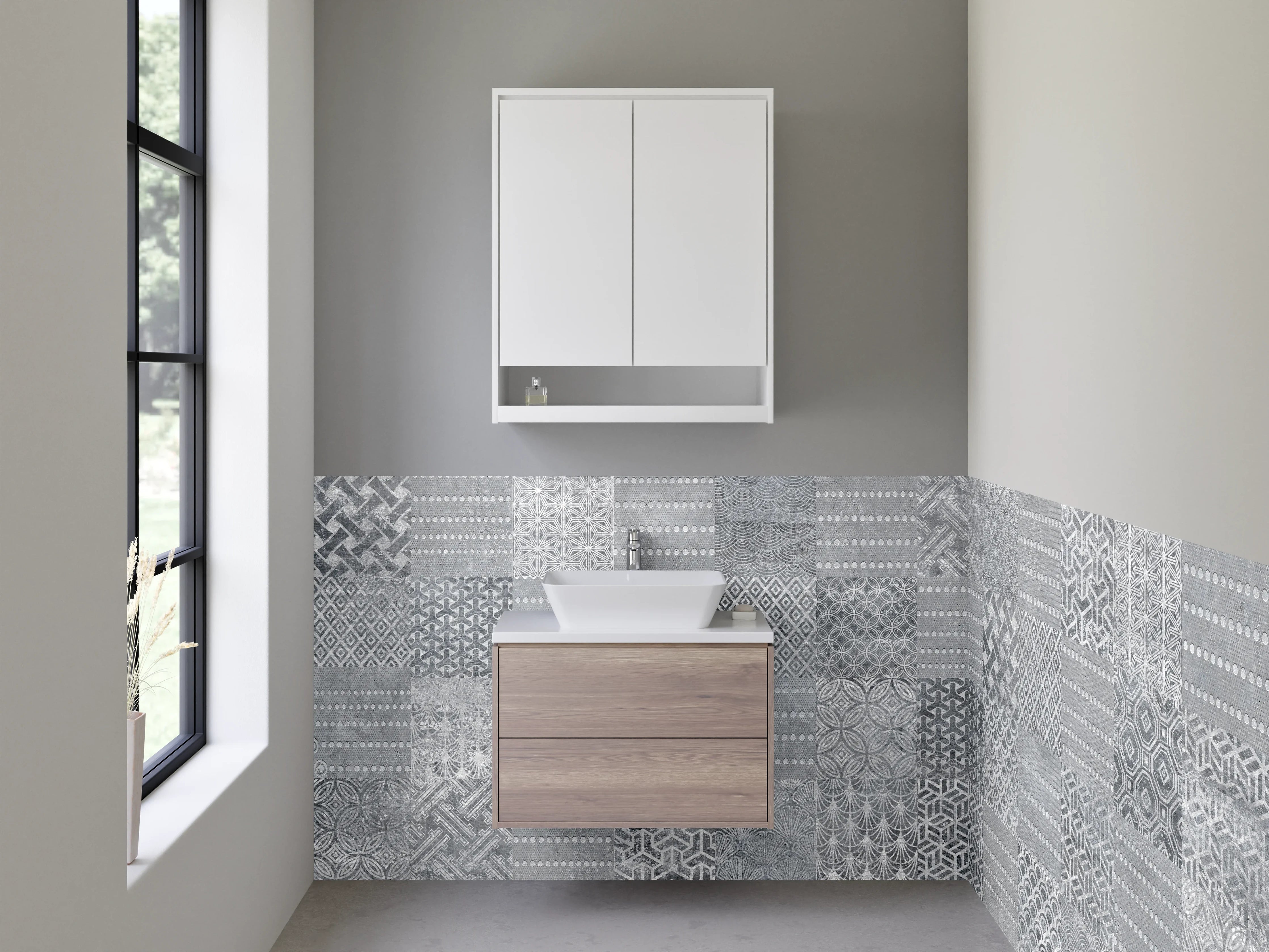 Waschbecken-Rückwand - Grau-weiße Patchwork Mosaik Fliesen