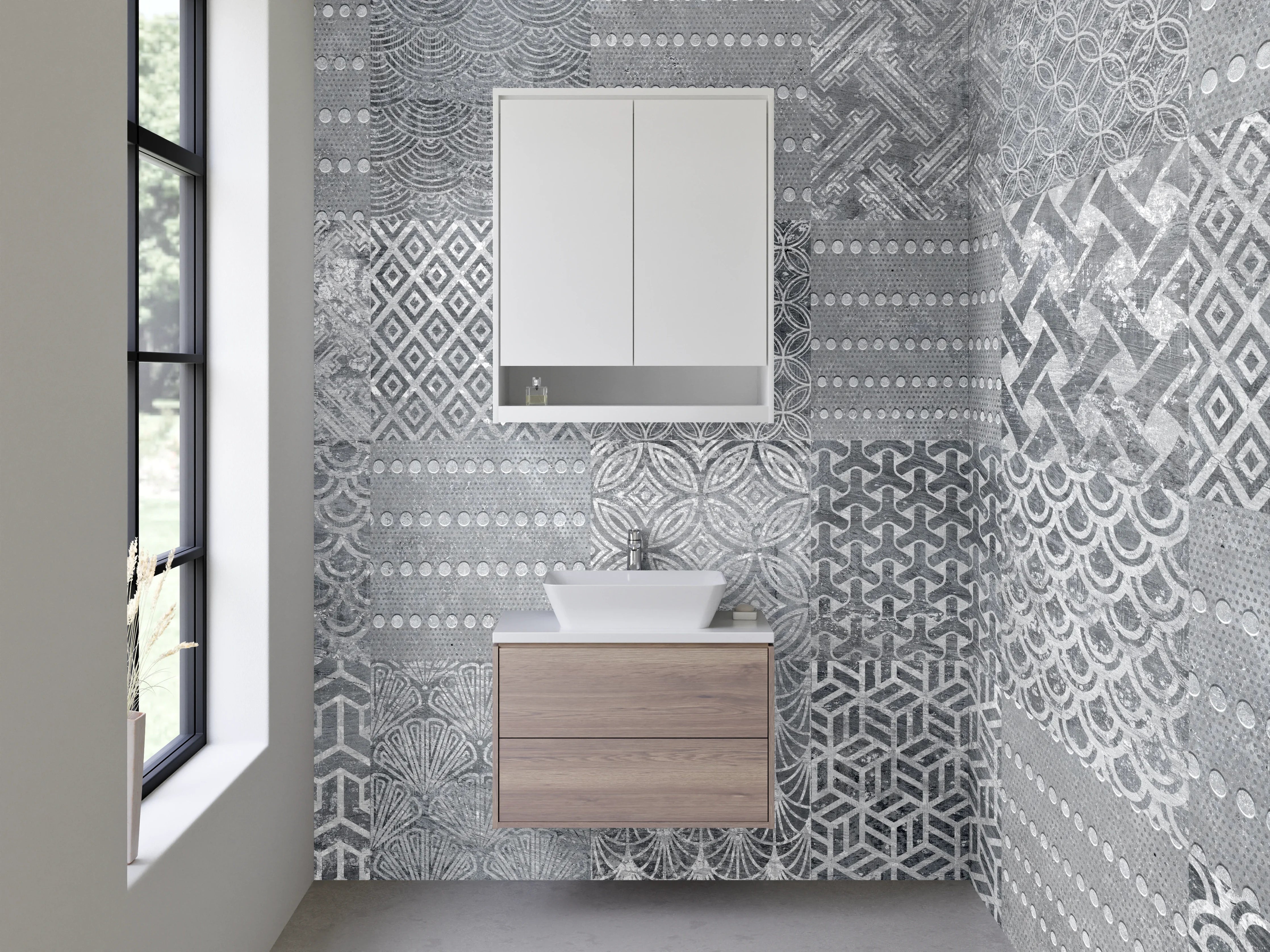 Waschbecken-Rückwand - Grau-weiße Patchwork Mosaik Fliesen