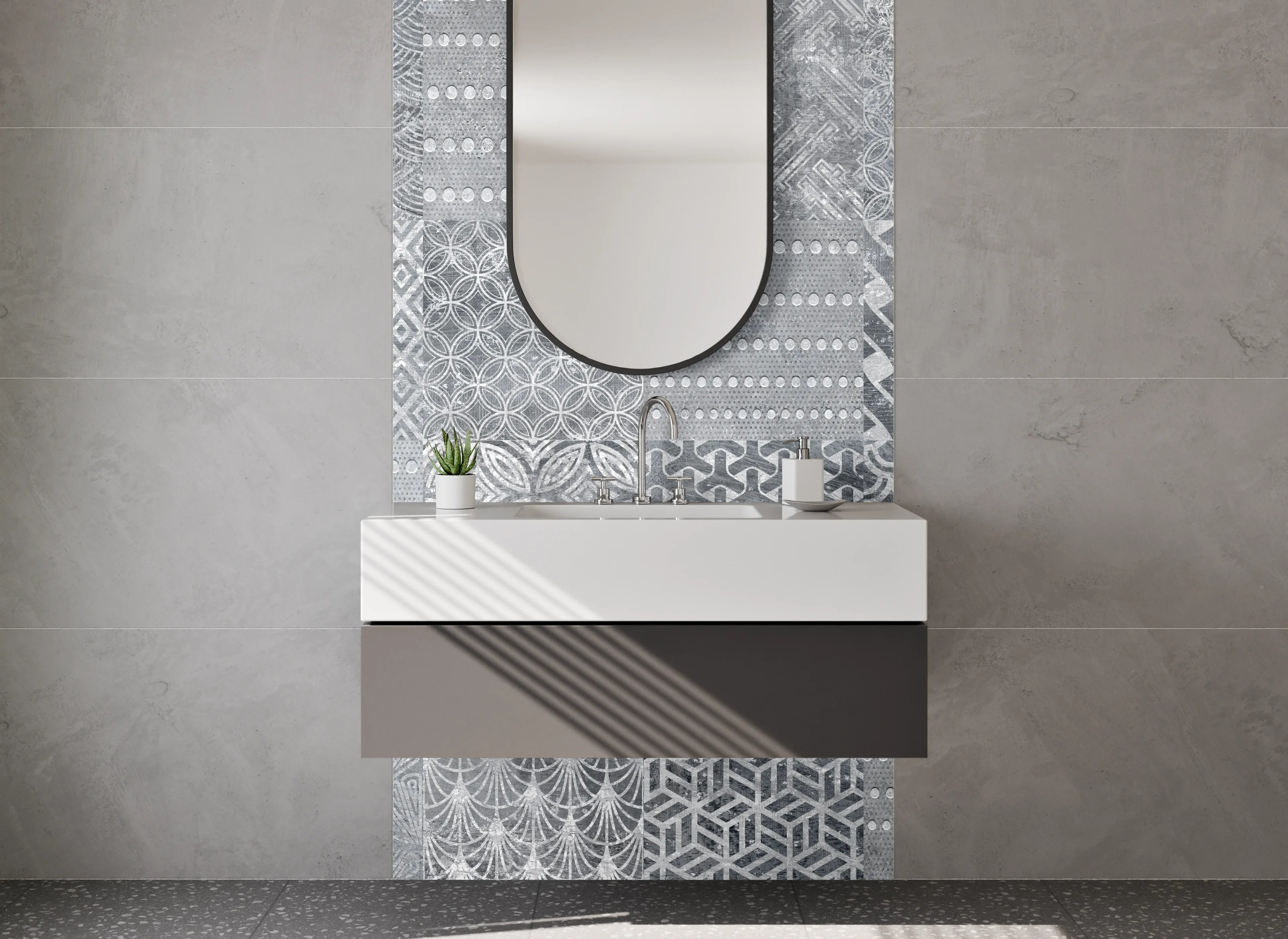 Waschbecken-Rückwand - Grau-weiße Patchwork Mosaik Fliesen