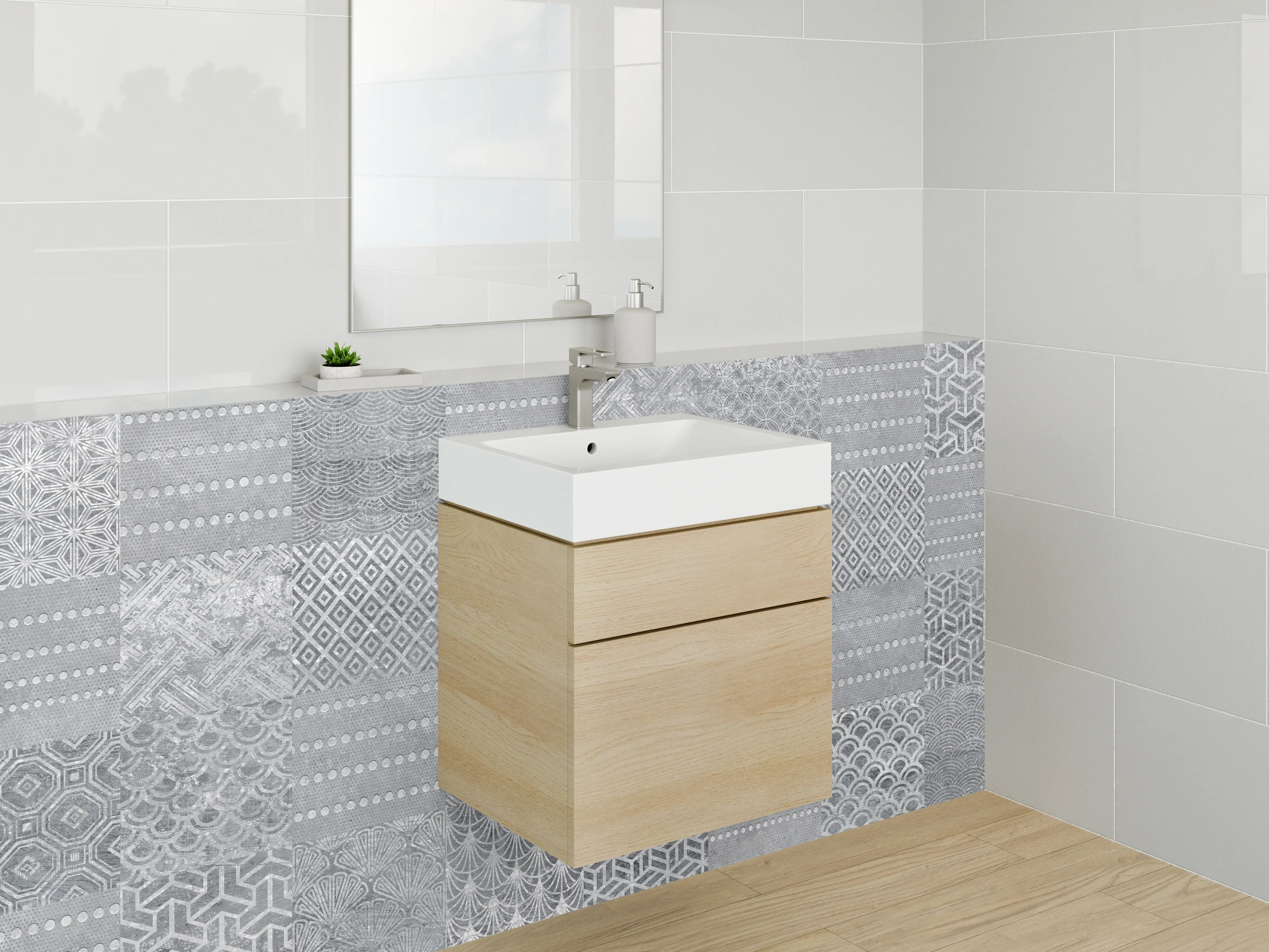 Waschbecken-Rückwand - Grau-weiße Patchwork Mosaik Fliesen