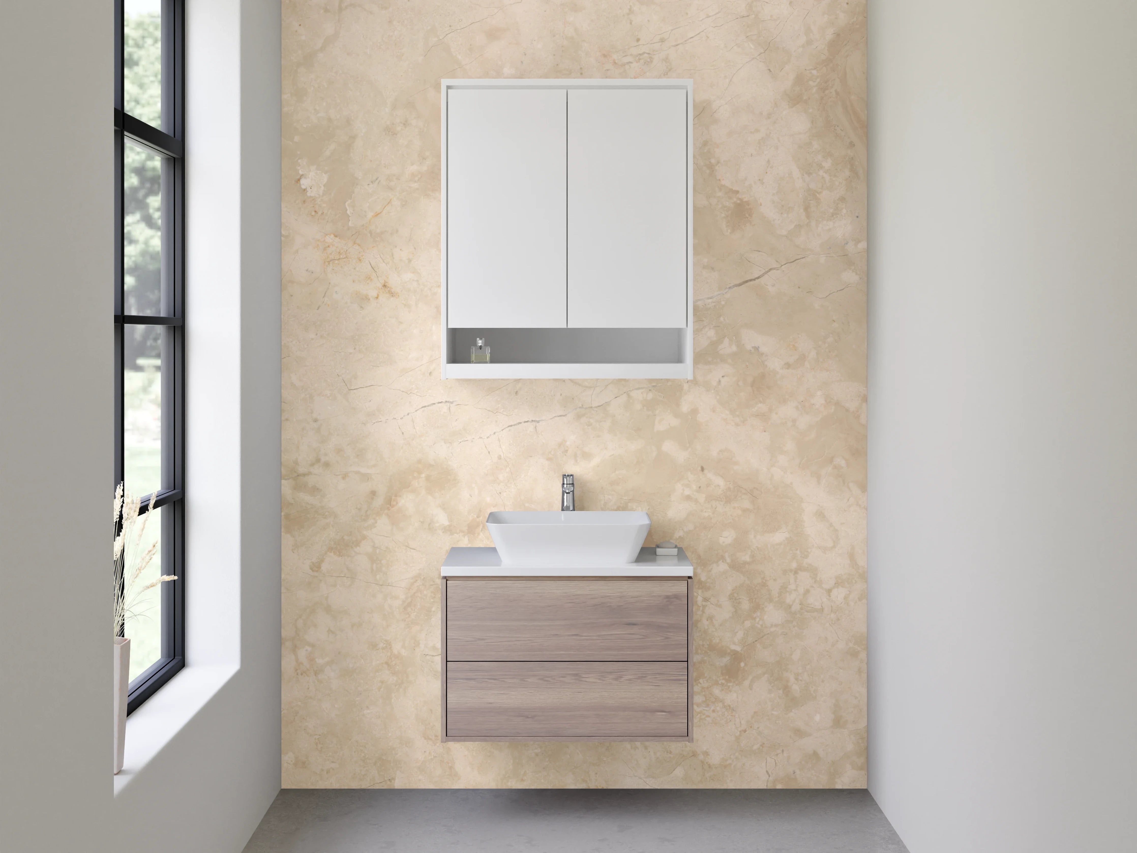 Waschbecken-Rückwand - Graubeige Marmorfliese mit Weißakzenten