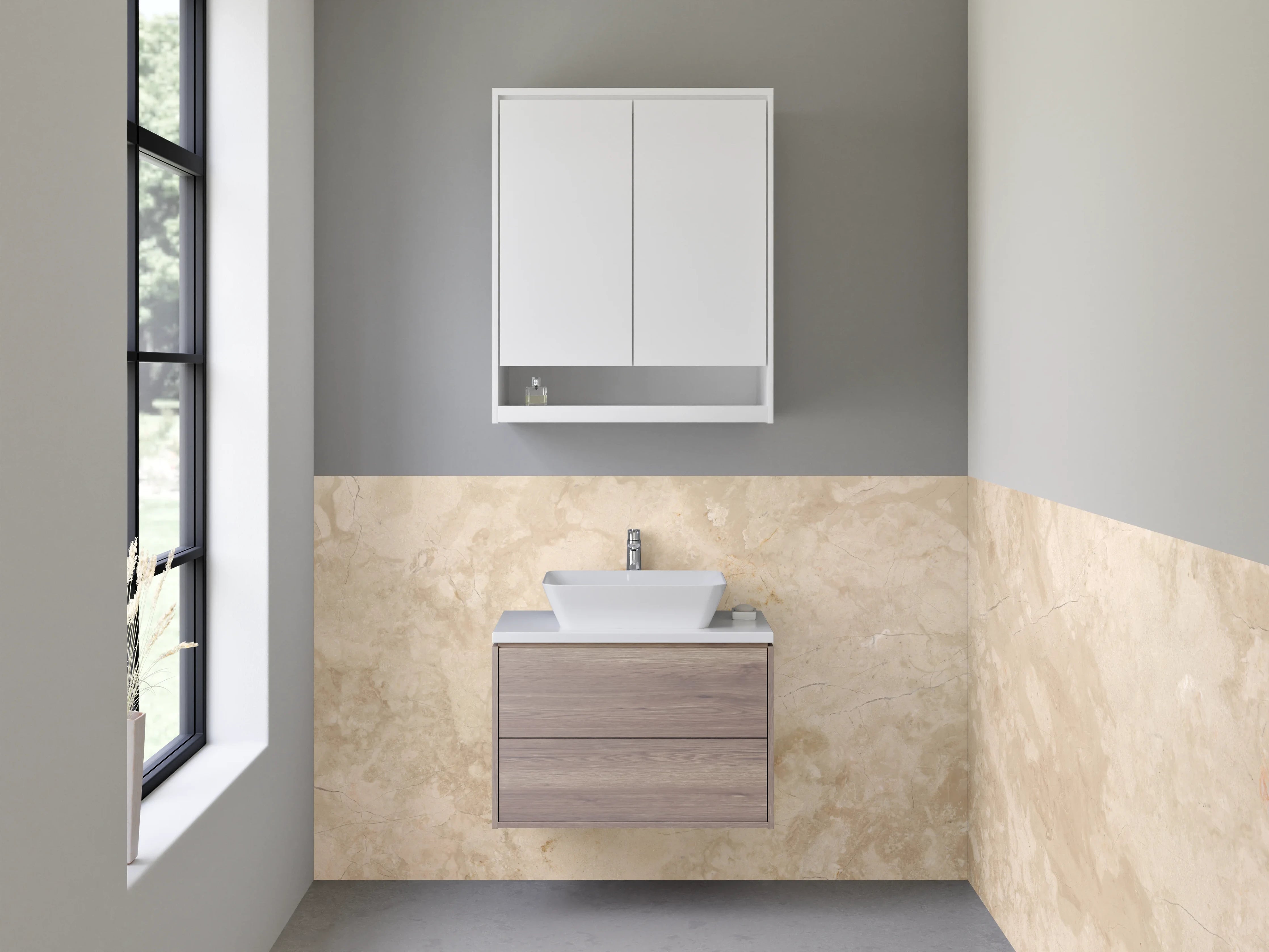 Waschbecken-Rückwand - Graubeige Marmorfliese mit Weißakzenten
