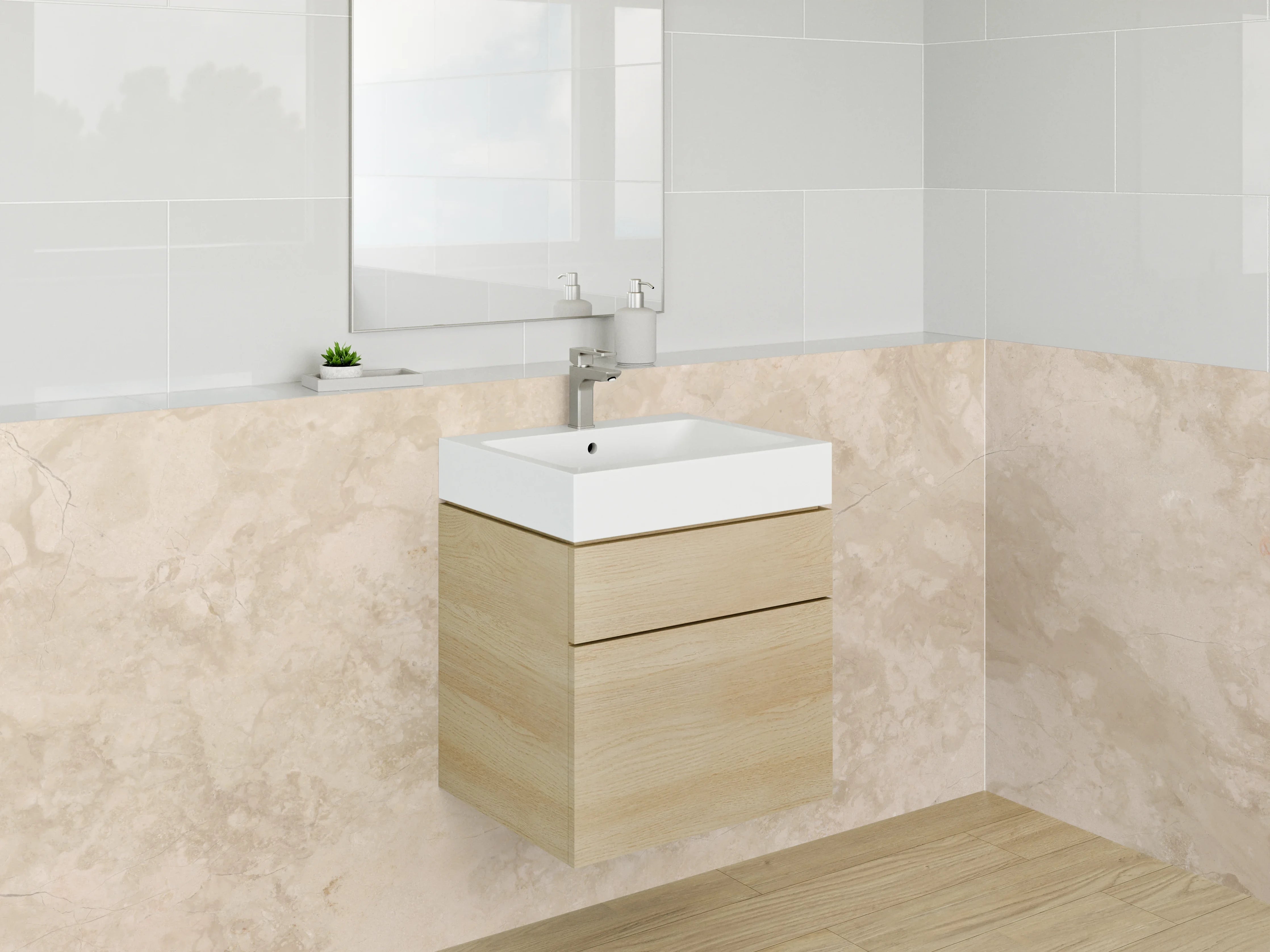 Waschbecken-Rückwand - Graubeige Marmorfliese mit Weißakzenten